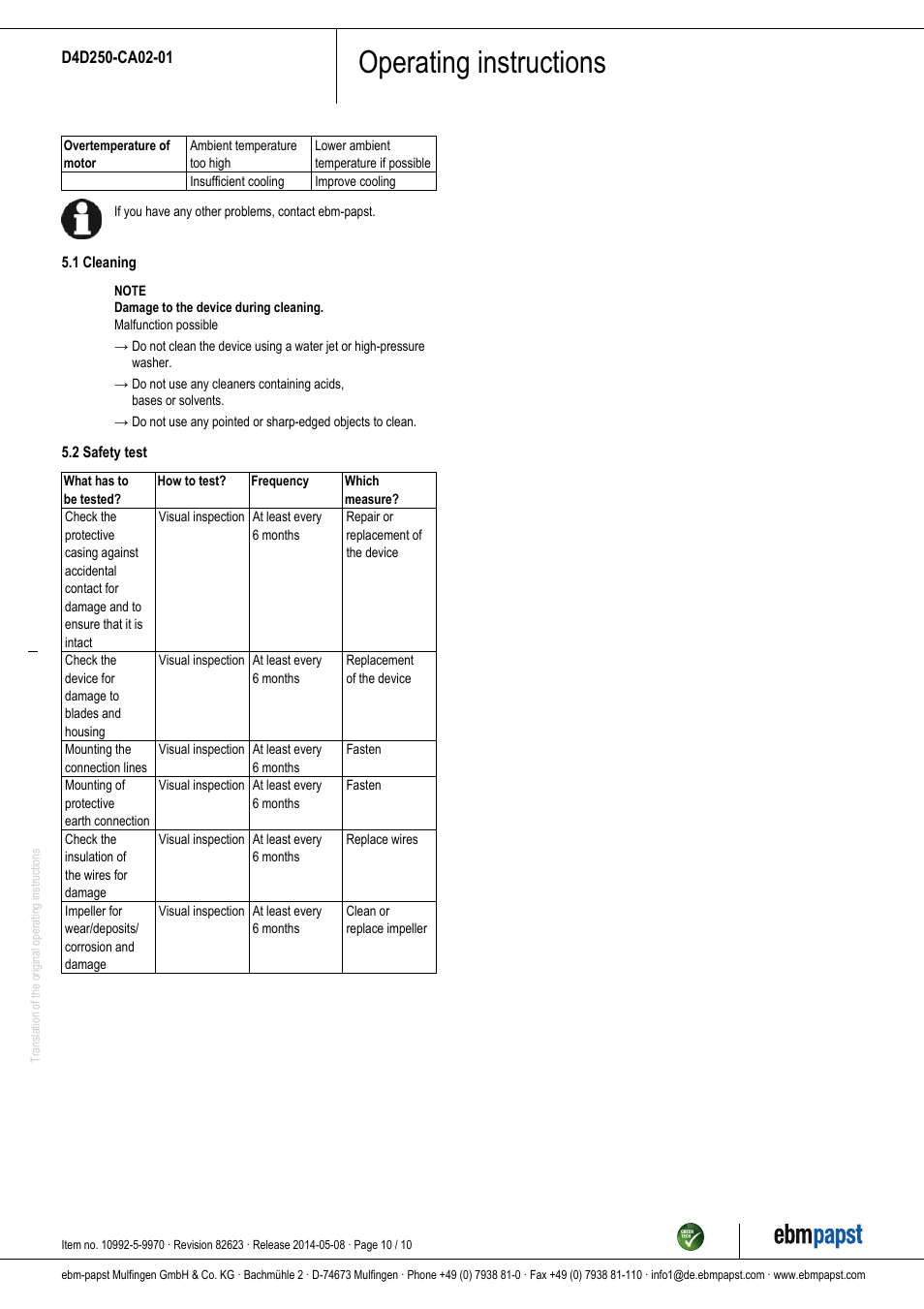Operating instructions | ebm-papst D4D250-CA02-01 User Manual | Page 10 / 10