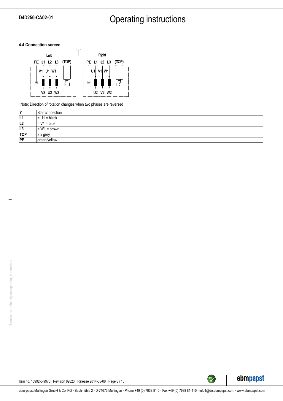 Operating instructions | ebm-papst D4D250-CA02-01 User Manual | Page 8 / 10