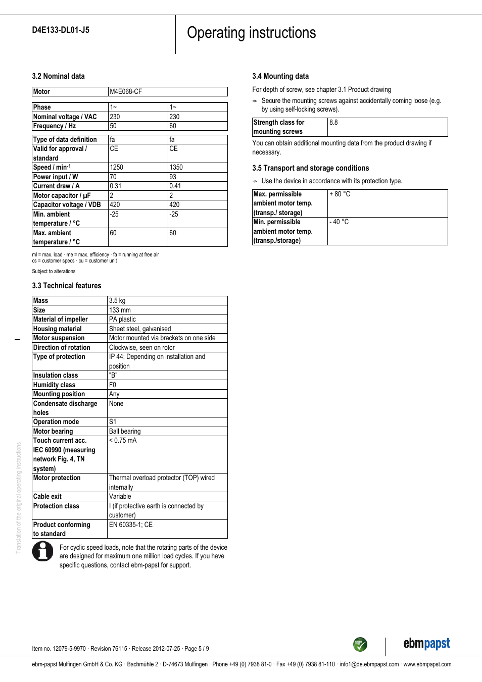 Operating instructions | ebm-papst D4E133-DL01-J5 User Manual | Page 5 / 9