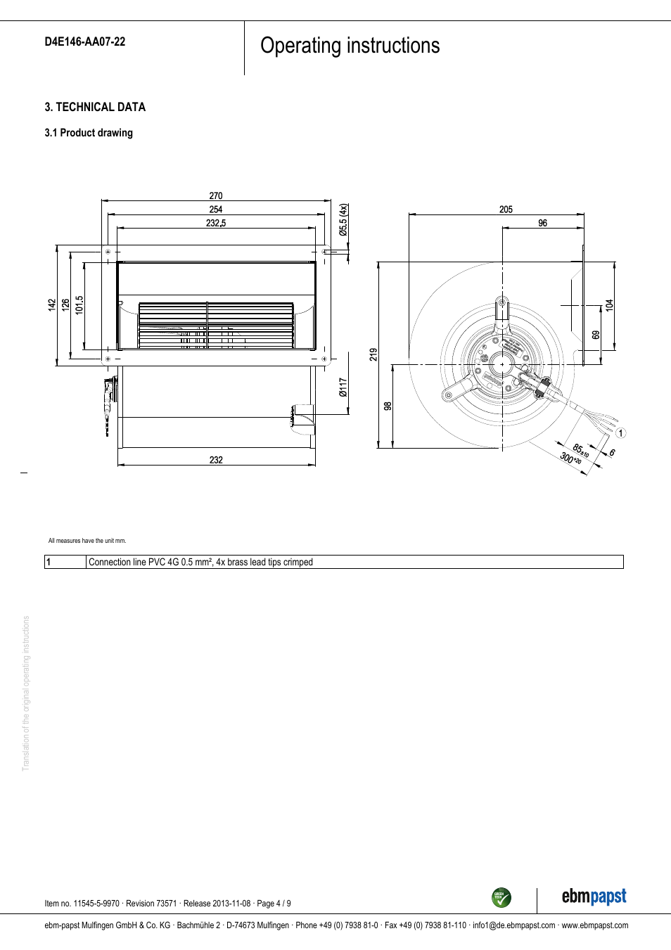 Operating instructions | ebm-papst D4E146-AA07-22 User Manual | Page 4 / 9