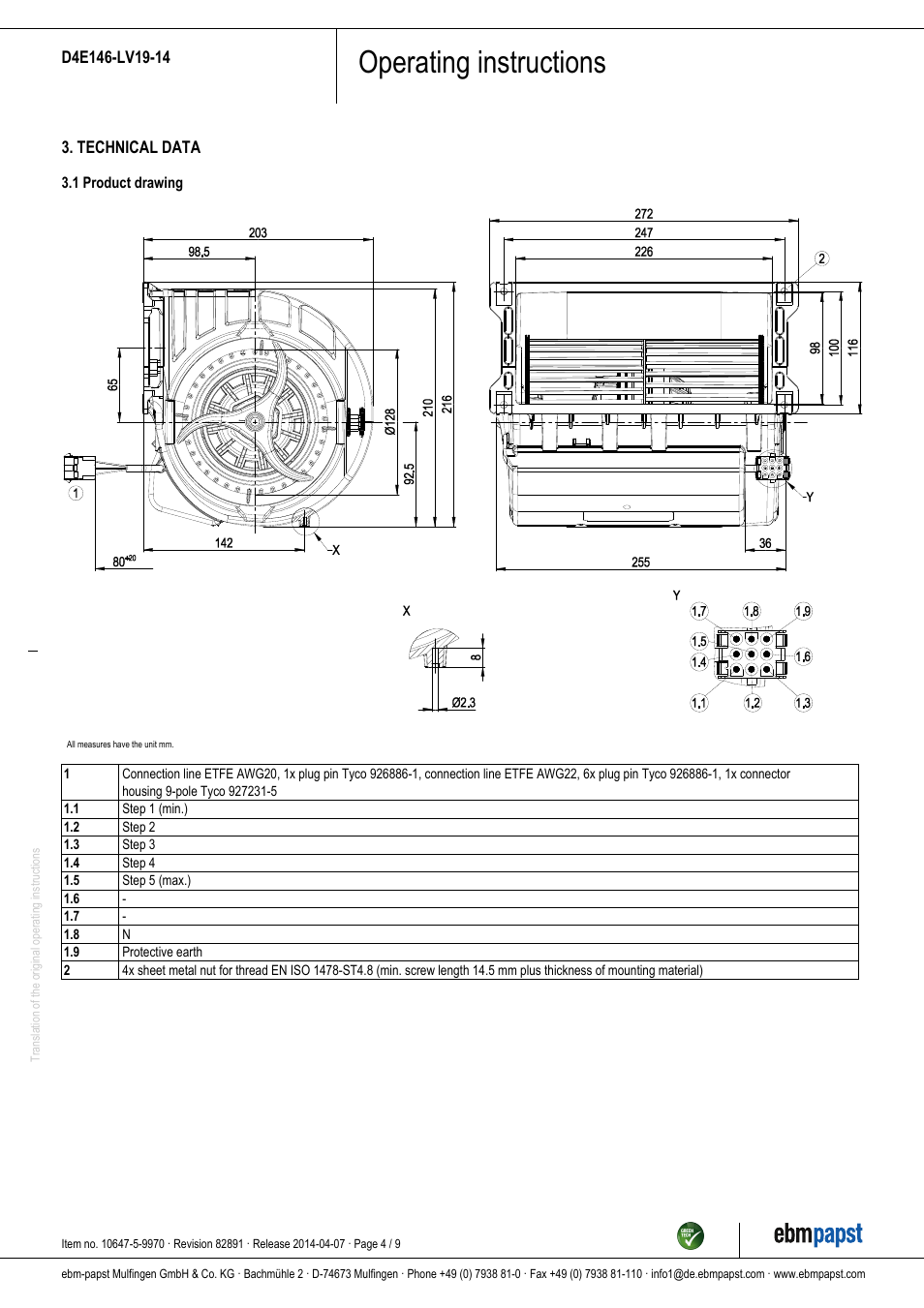 Operating instructions | ebm-papst D4E146-LV19-14 User Manual | Page 4 / 9