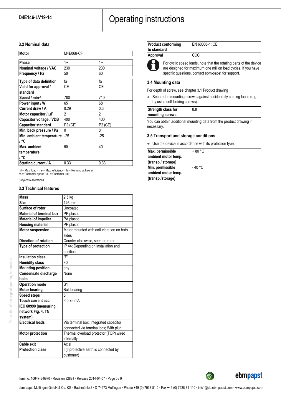 Operating instructions | ebm-papst D4E146-LV19-14 User Manual | Page 5 / 9