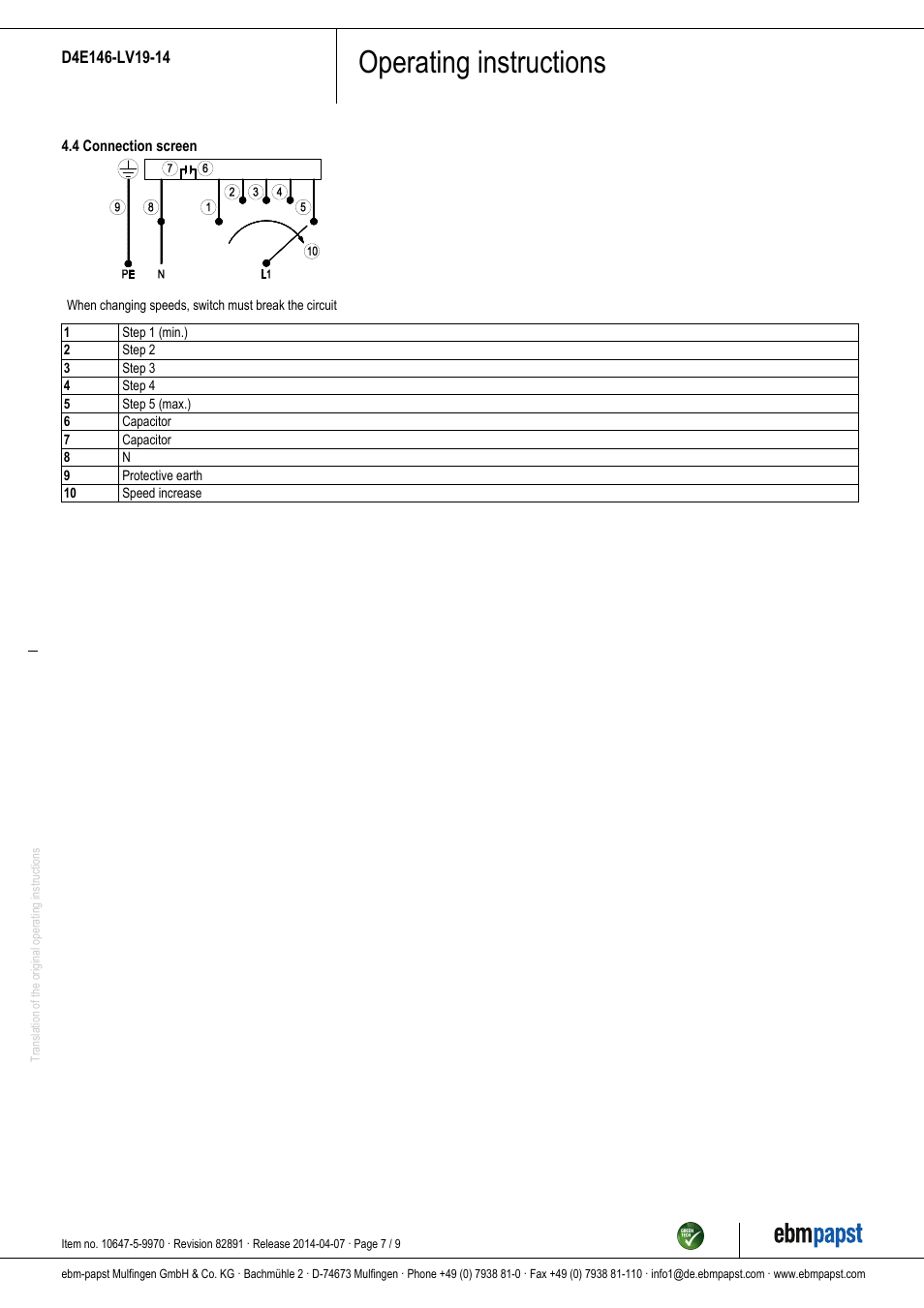 Operating instructions | ebm-papst D4E146-LV19-14 User Manual | Page 7 / 9