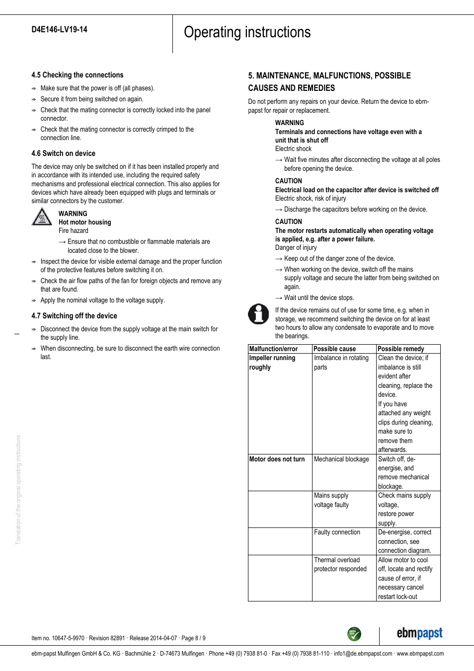 Operating instructions | ebm-papst D4E146-LV19-14 User Manual | Page 8 / 9