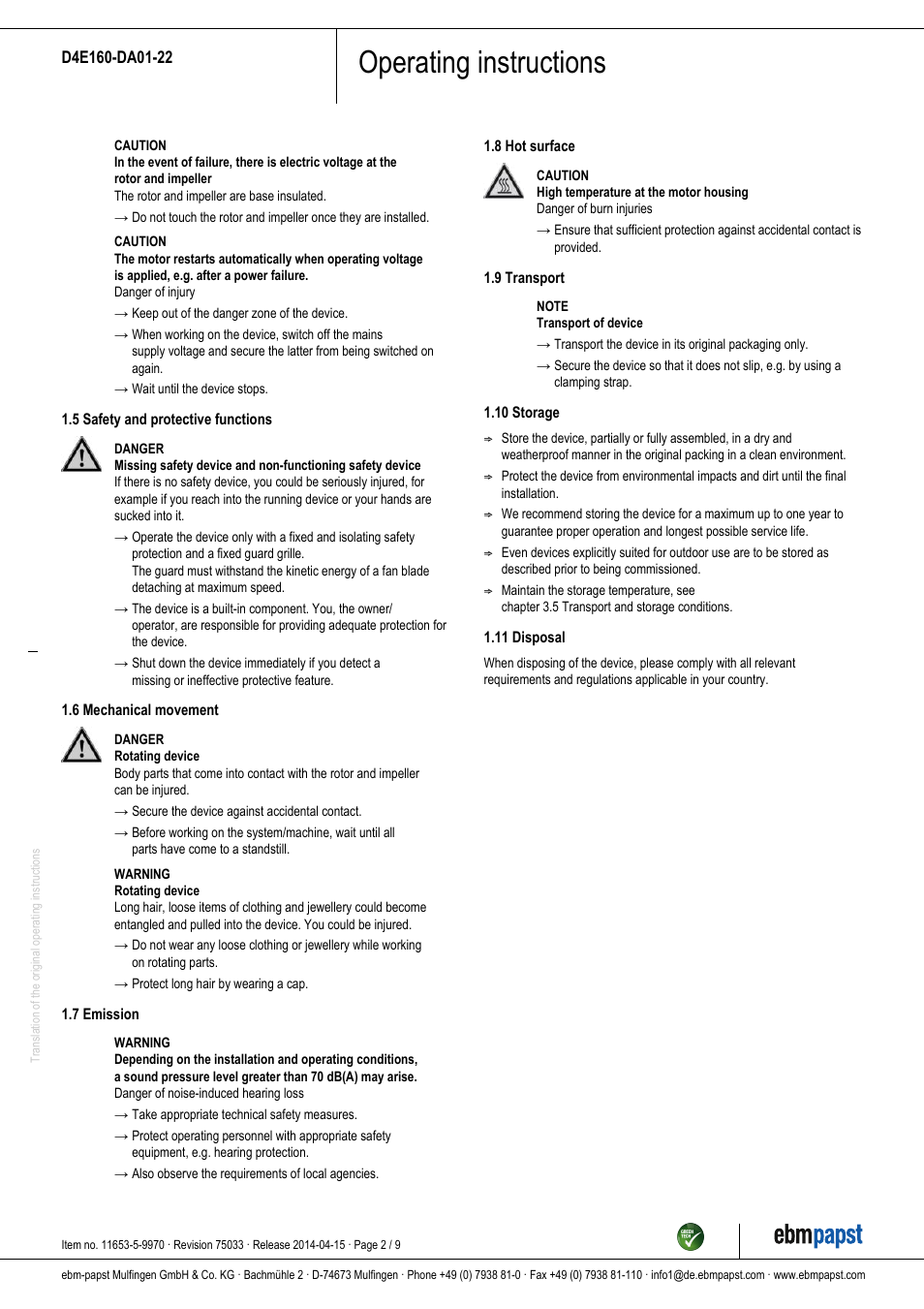 Operating instructions | ebm-papst D4E160-DA01-22 User Manual | Page 2 / 9