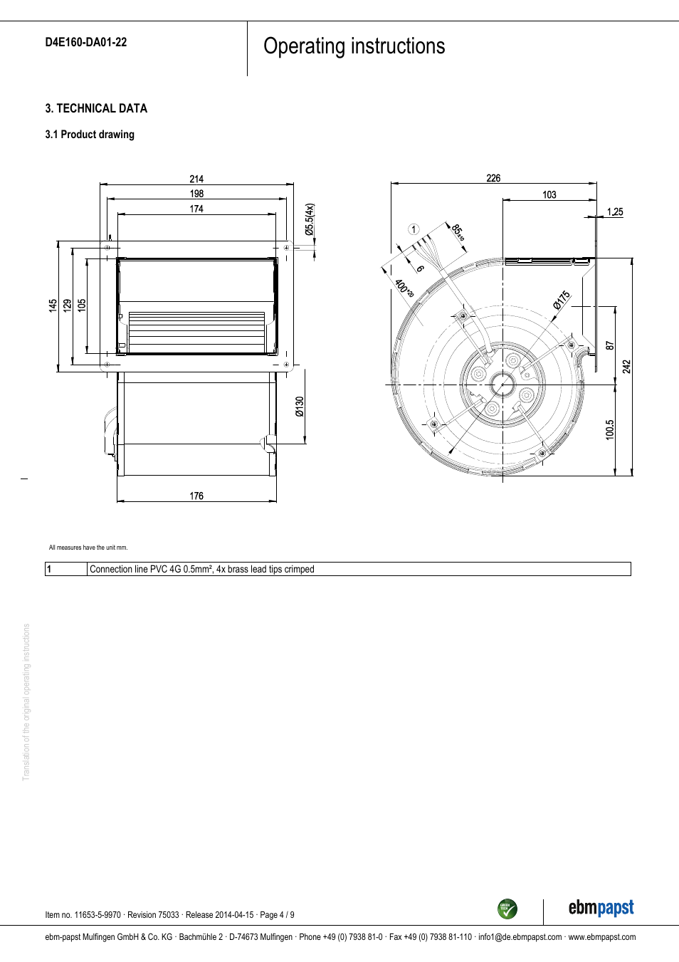 Operating instructions | ebm-papst D4E160-DA01-22 User Manual | Page 4 / 9