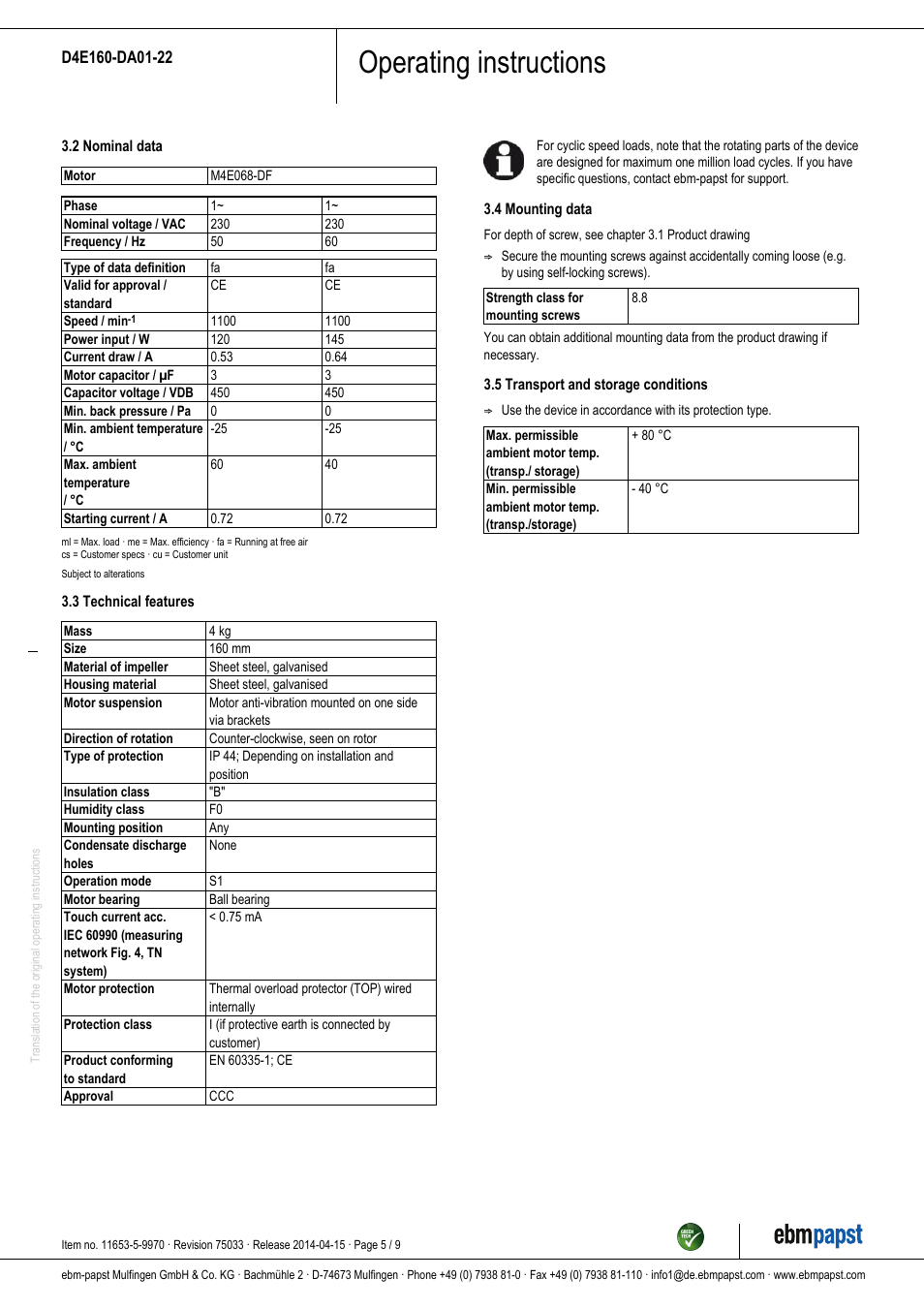 Operating instructions | ebm-papst D4E160-DA01-22 User Manual | Page 5 / 9