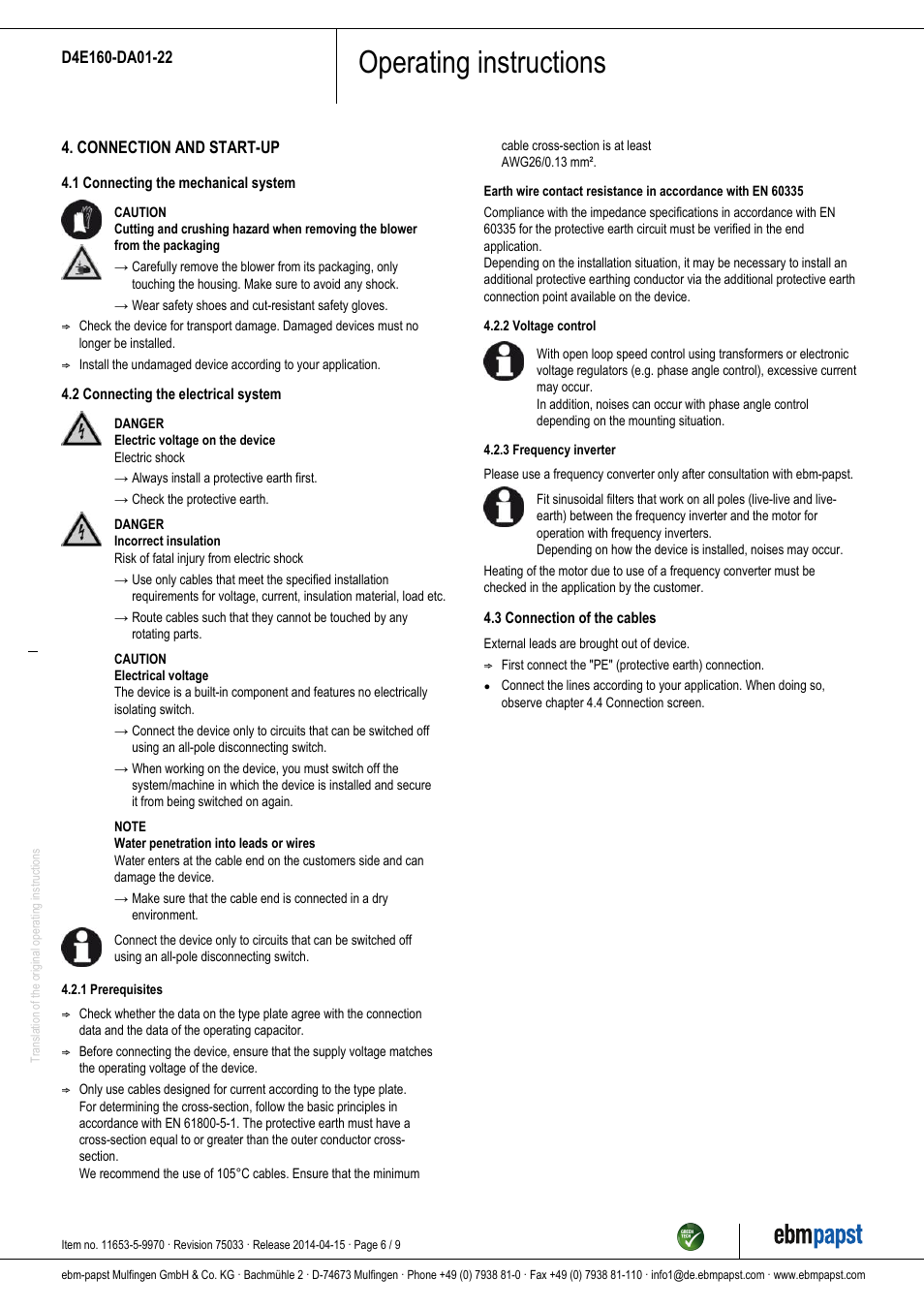 Operating instructions | ebm-papst D4E160-DA01-22 User Manual | Page 6 / 9