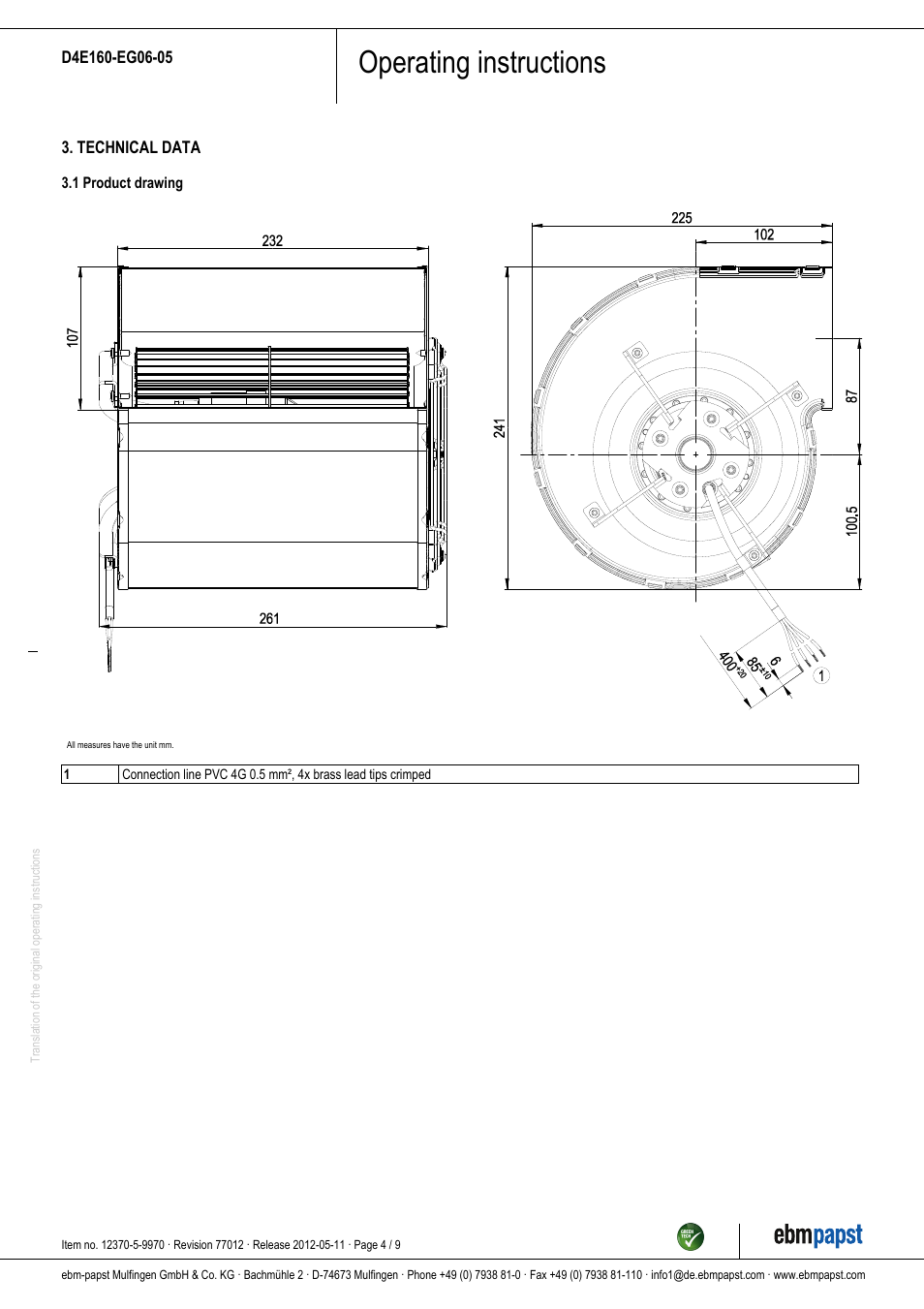 Operating instructions | ebm-papst D4E160-EG06-05 User Manual | Page 4 / 9