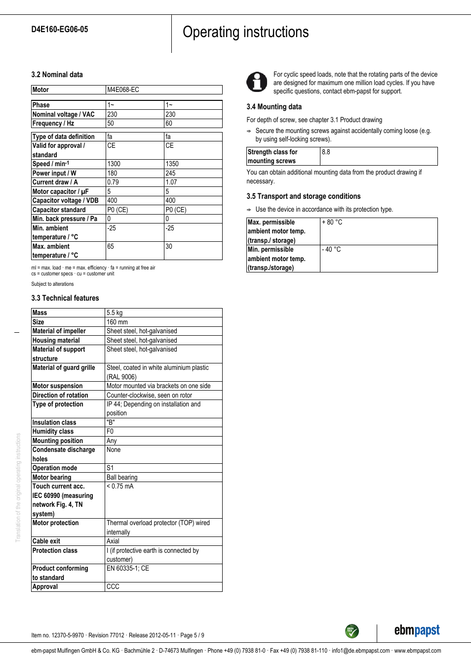 Operating instructions | ebm-papst D4E160-EG06-05 User Manual | Page 5 / 9