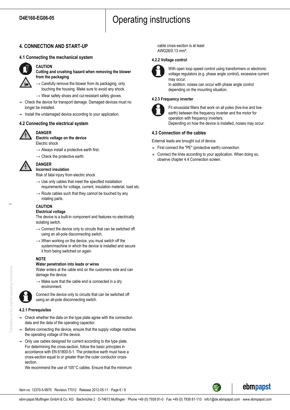 Operating instructions | ebm-papst D4E160-EG06-05 User Manual | Page 6 / 9