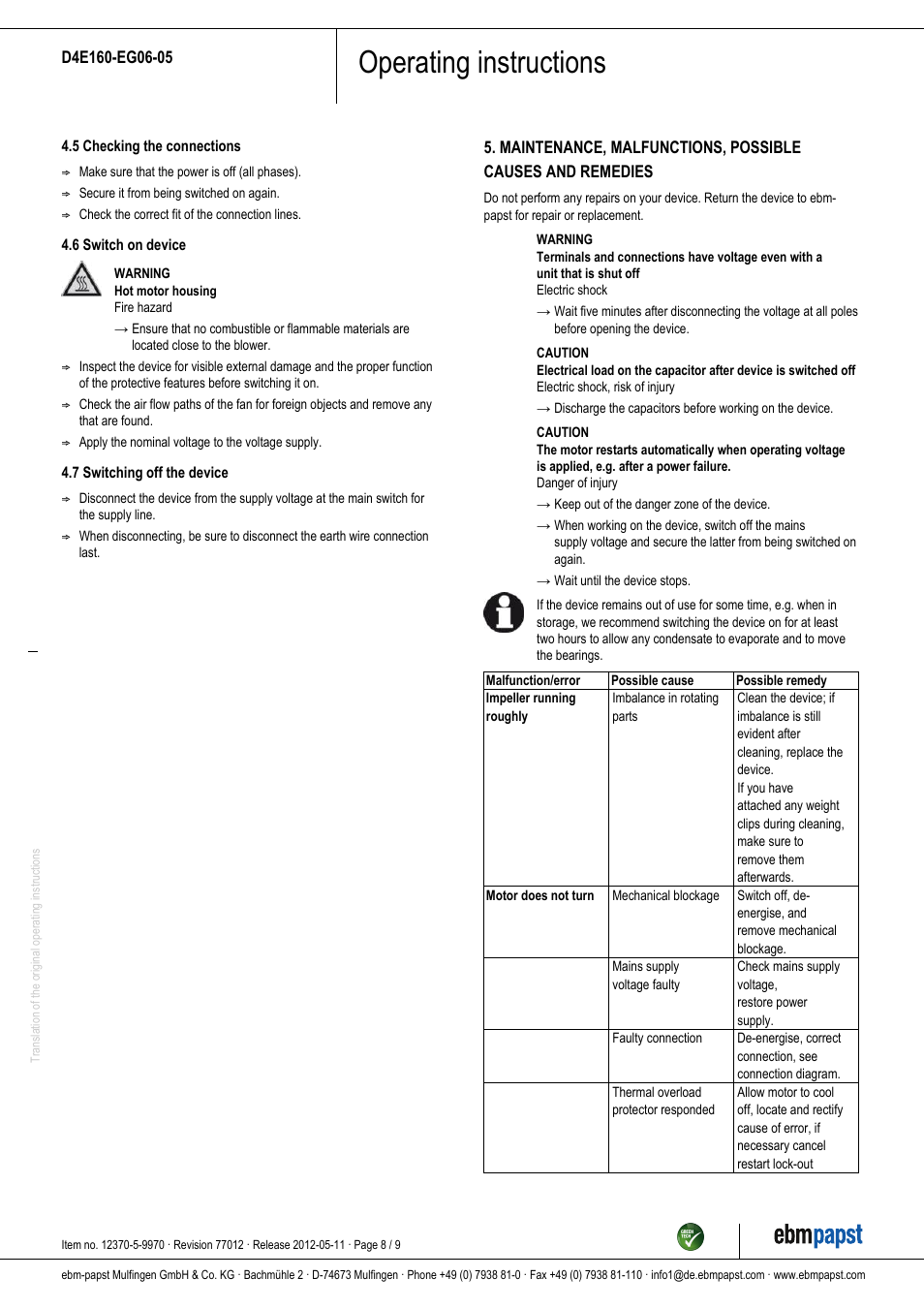Operating instructions | ebm-papst D4E160-EG06-05 User Manual | Page 8 / 9