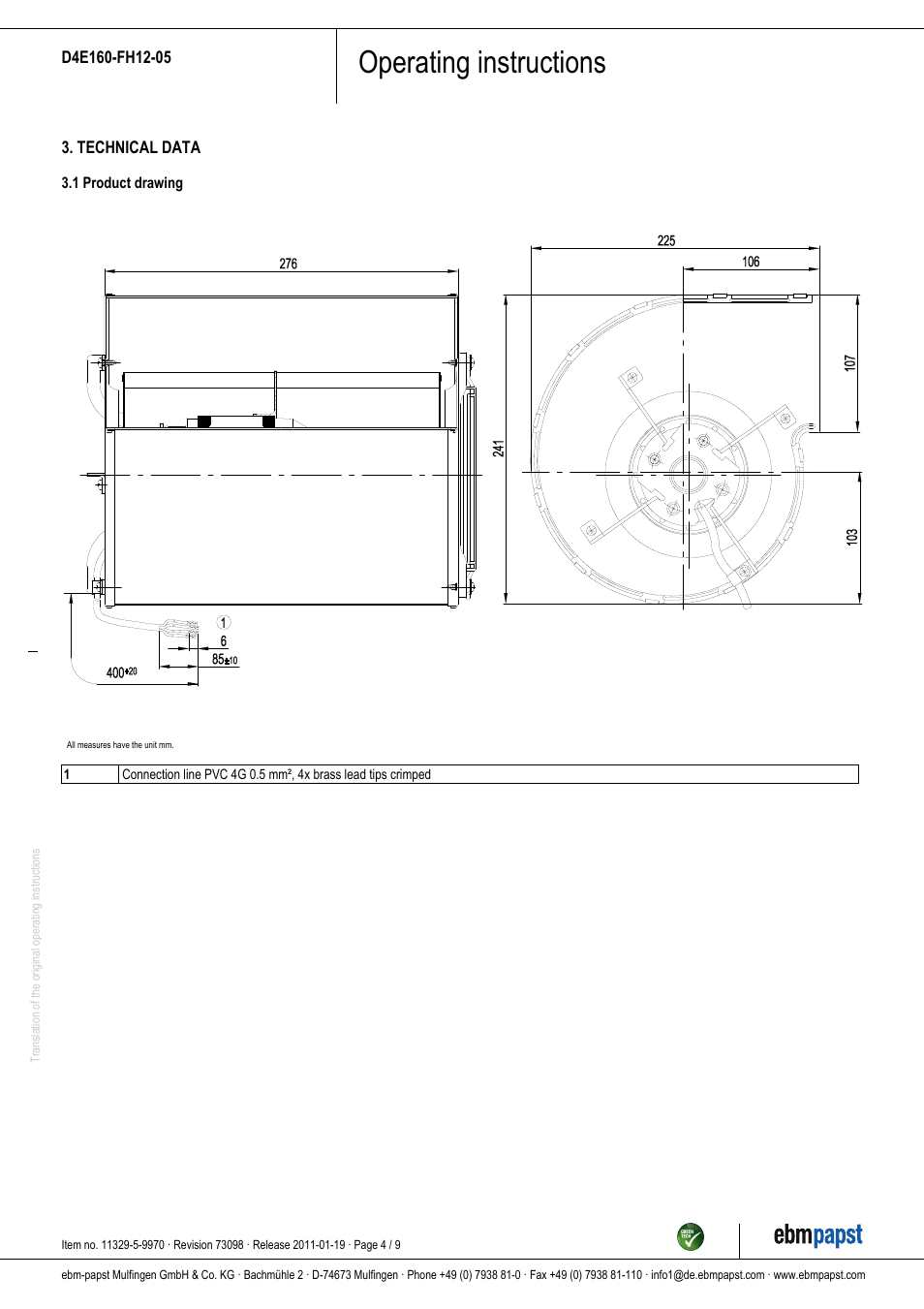 Operating instructions | ebm-papst D4E160-FH12-05 User Manual | Page 4 / 9