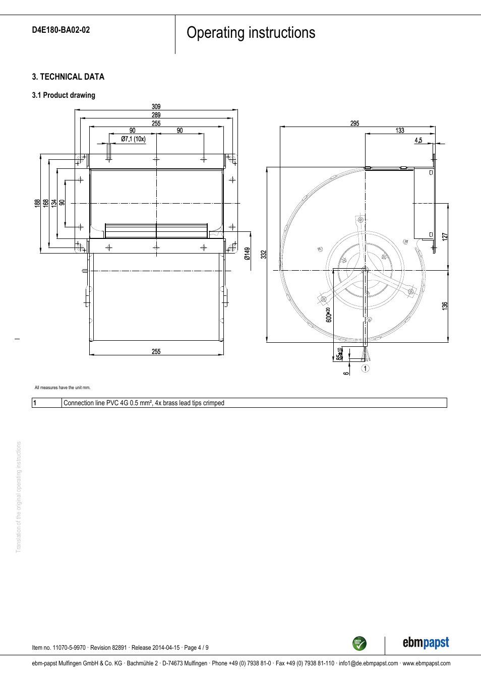 Operating instructions | ebm-papst D4E180-BA02-02 User Manual | Page 4 / 9