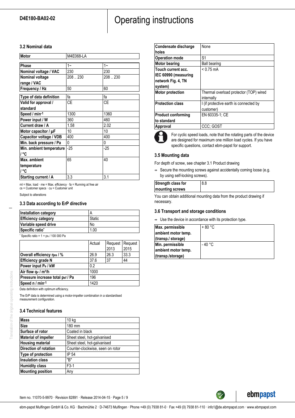 Operating instructions | ebm-papst D4E180-BA02-02 User Manual | Page 5 / 9