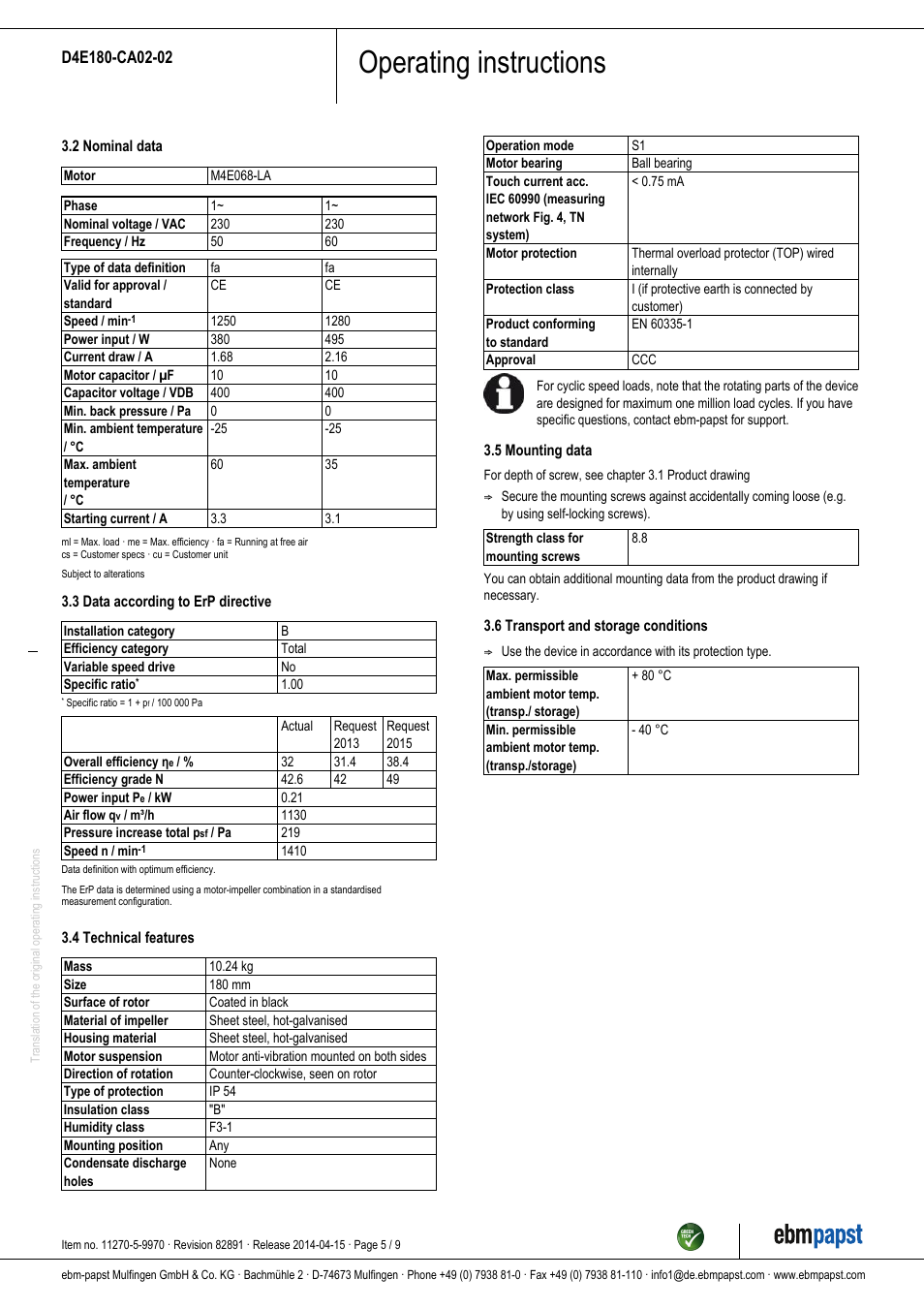 Operating instructions | ebm-papst D4E180-CA02-02 User Manual | Page 5 / 9
