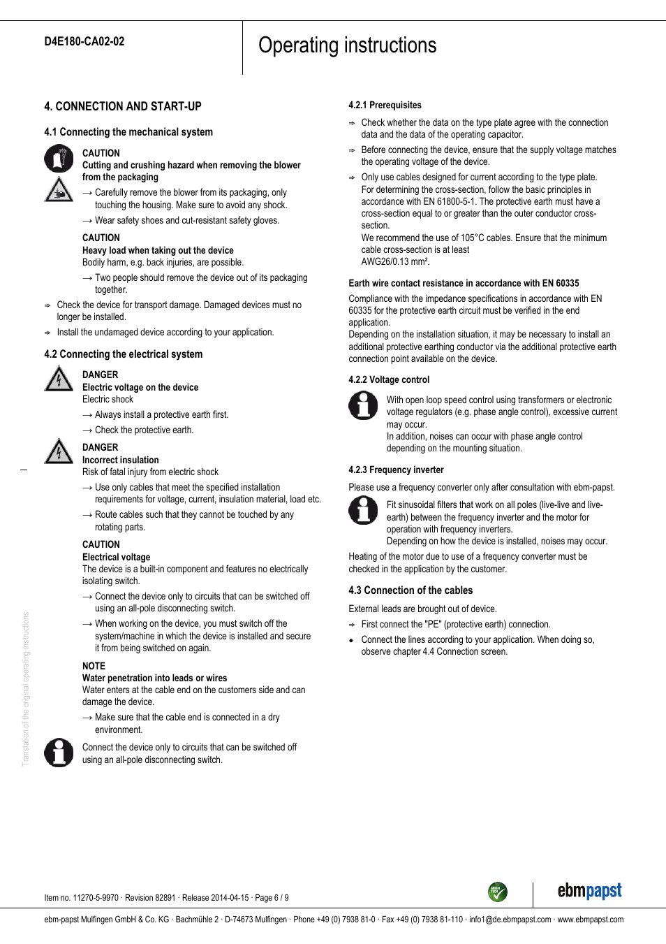 Operating instructions | ebm-papst D4E180-CA02-02 User Manual | Page 6 / 9