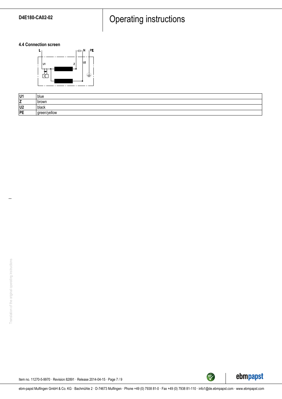 Operating instructions | ebm-papst D4E180-CA02-02 User Manual | Page 7 / 9
