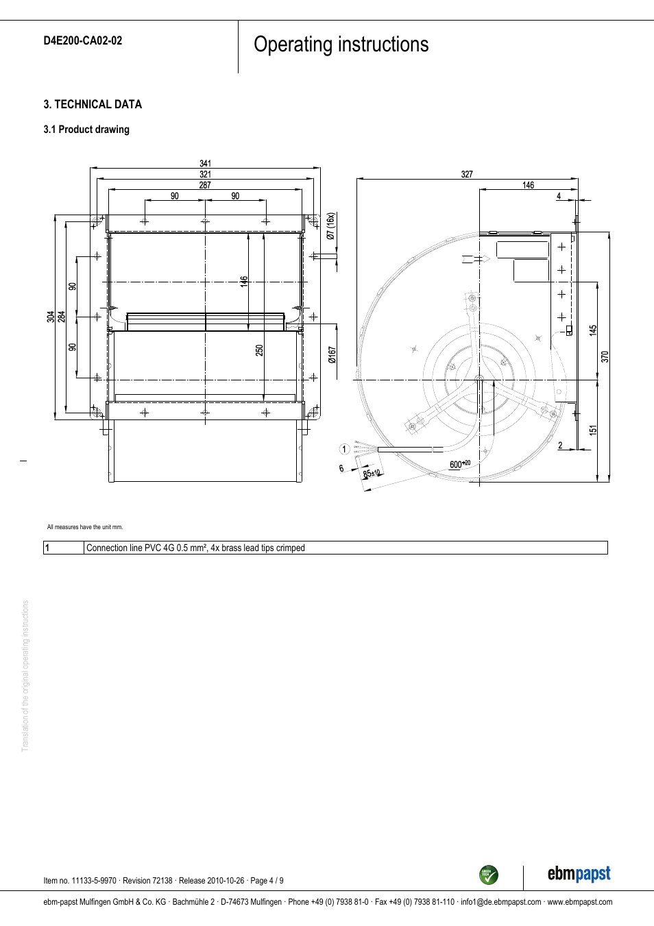 Operating instructions | ebm-papst D4E200-CA02-02 User Manual | Page 4 / 9