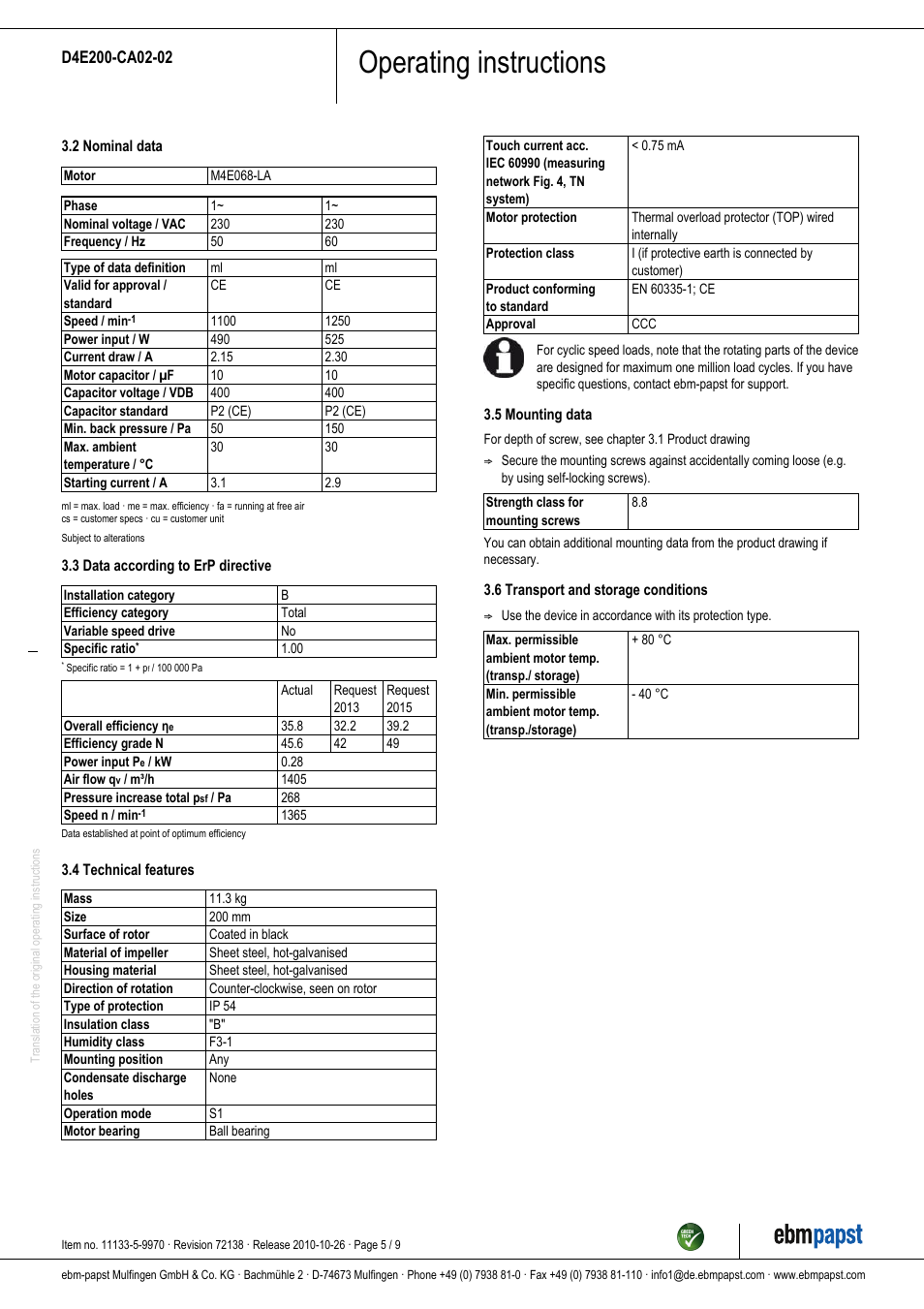Operating instructions | ebm-papst D4E200-CA02-02 User Manual | Page 5 / 9