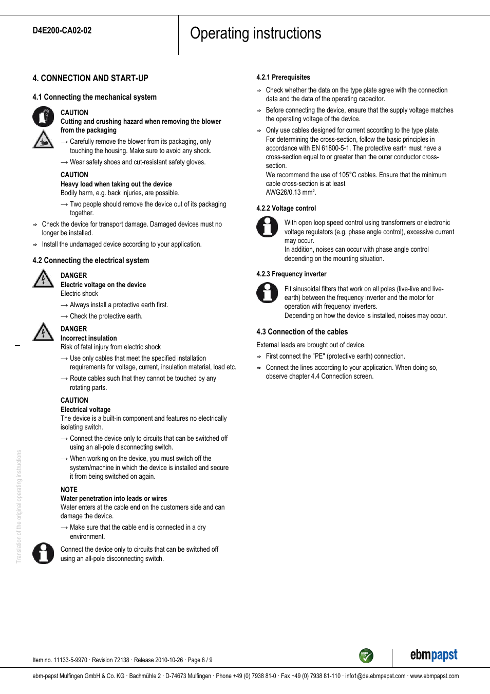 Operating instructions | ebm-papst D4E200-CA02-02 User Manual | Page 6 / 9