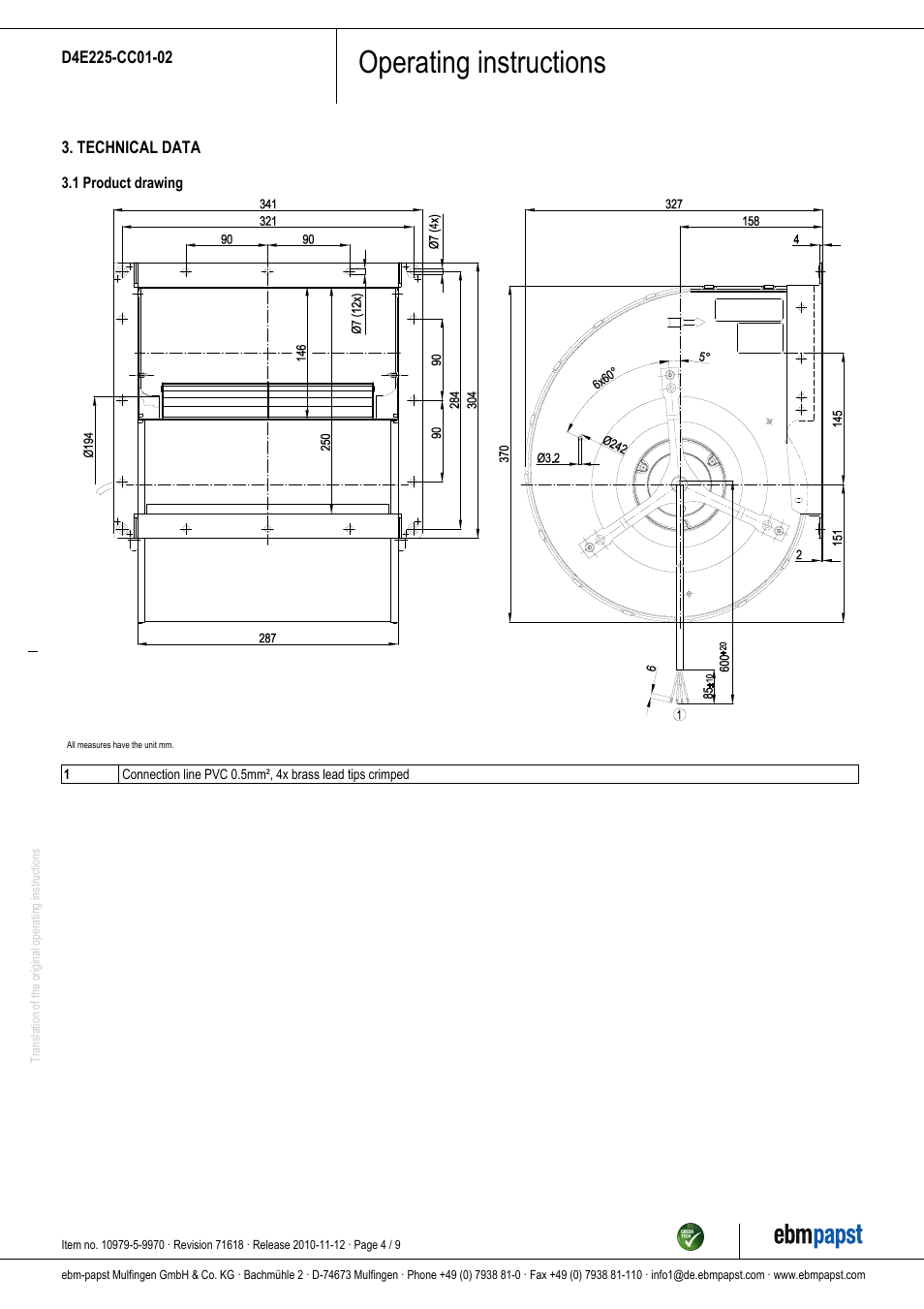 Operating instructions | ebm-papst D4E225-CC01-02 User Manual | Page 4 / 9