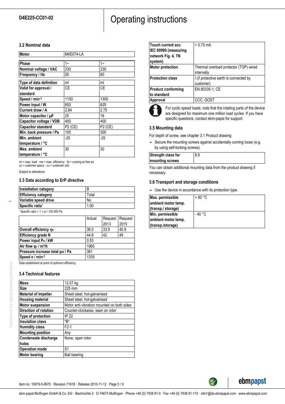 Operating instructions | ebm-papst D4E225-CC01-02 User Manual | Page 5 / 9