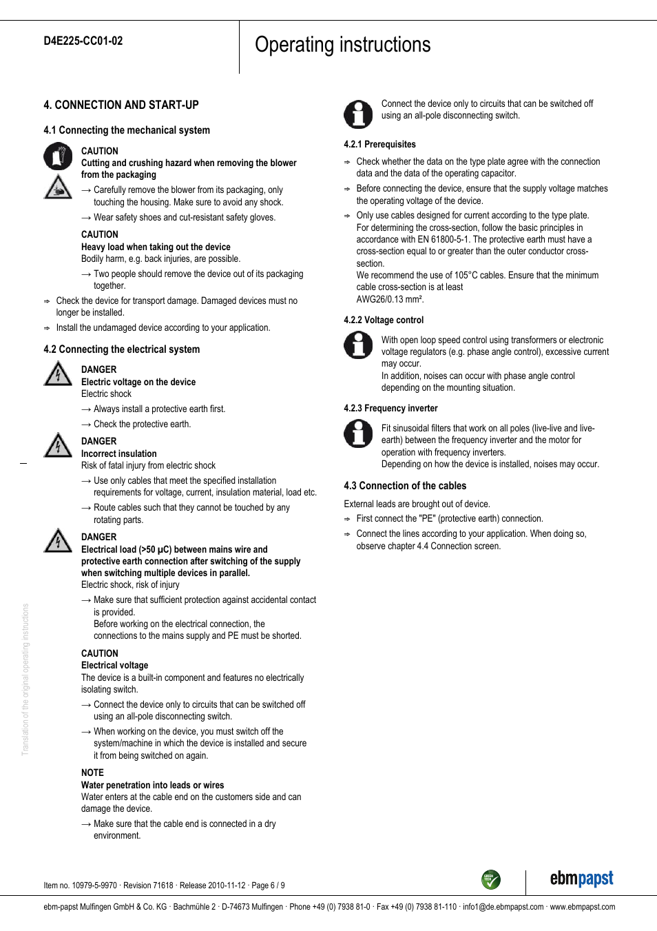 Operating instructions | ebm-papst D4E225-CC01-02 User Manual | Page 6 / 9