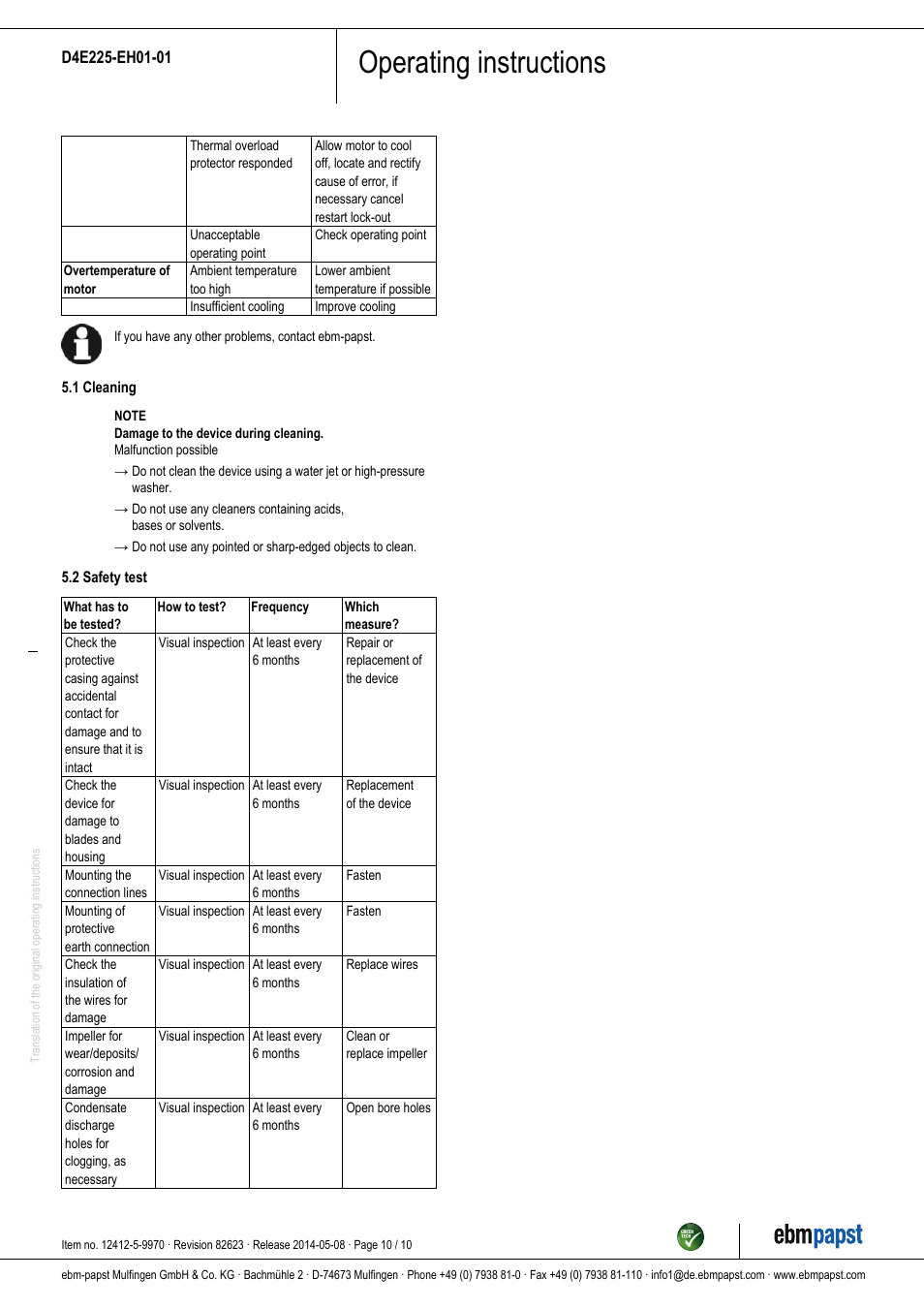 Operating instructions | ebm-papst D4E225-EH01-01 User Manual | Page 10 / 10