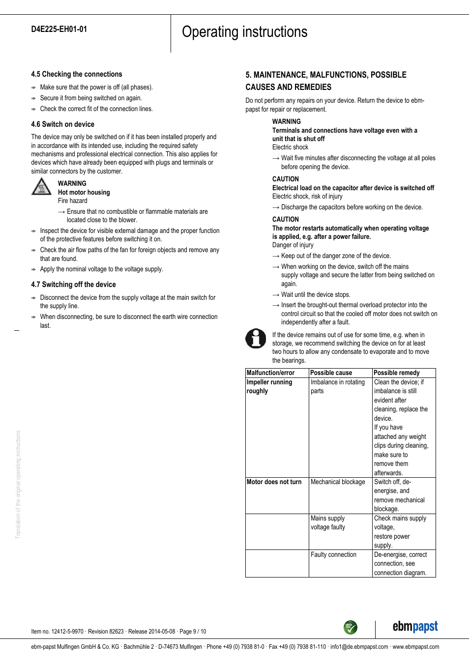Operating instructions | ebm-papst D4E225-EH01-01 User Manual | Page 9 / 10