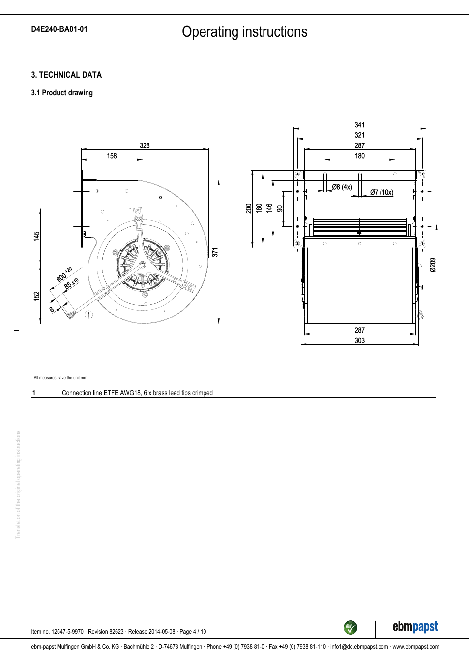 Operating instructions | ebm-papst D4E240-BA01-01 User Manual | Page 4 / 10