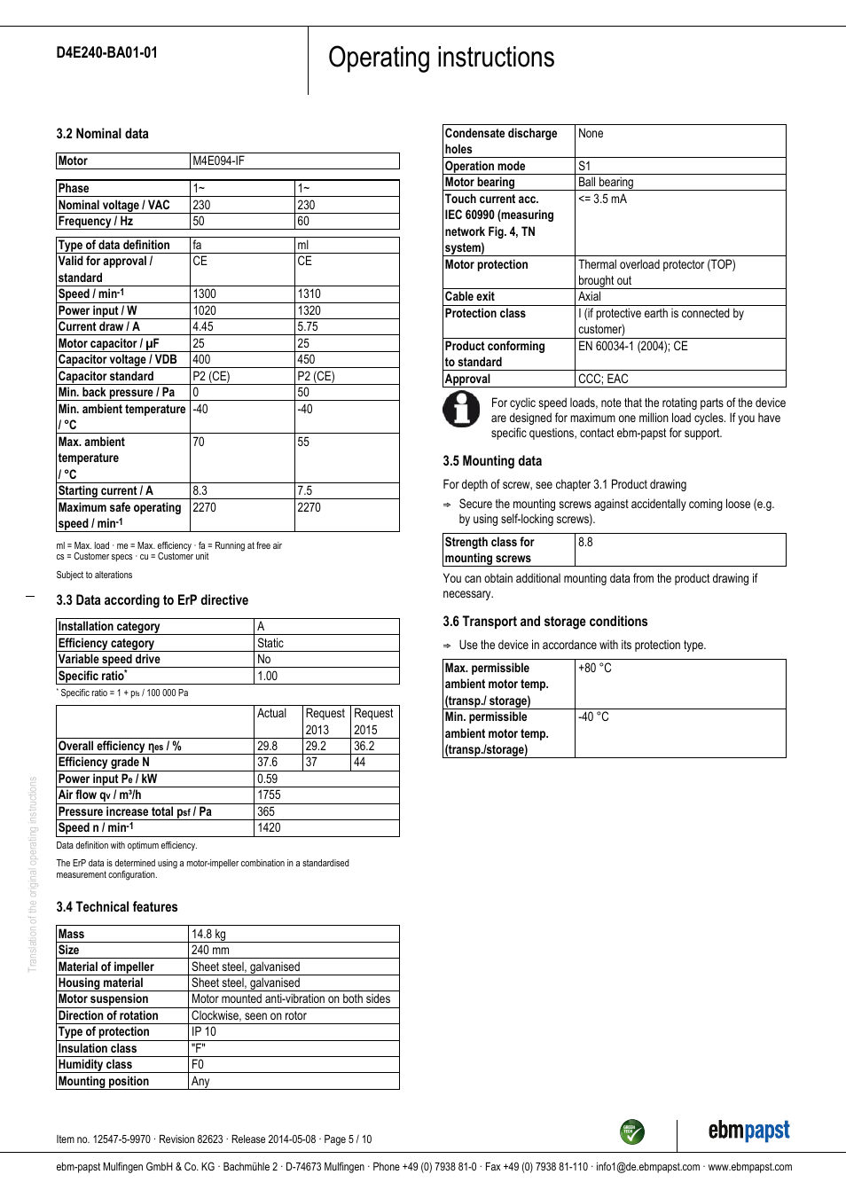 Operating instructions | ebm-papst D4E240-BA01-01 User Manual | Page 5 / 10