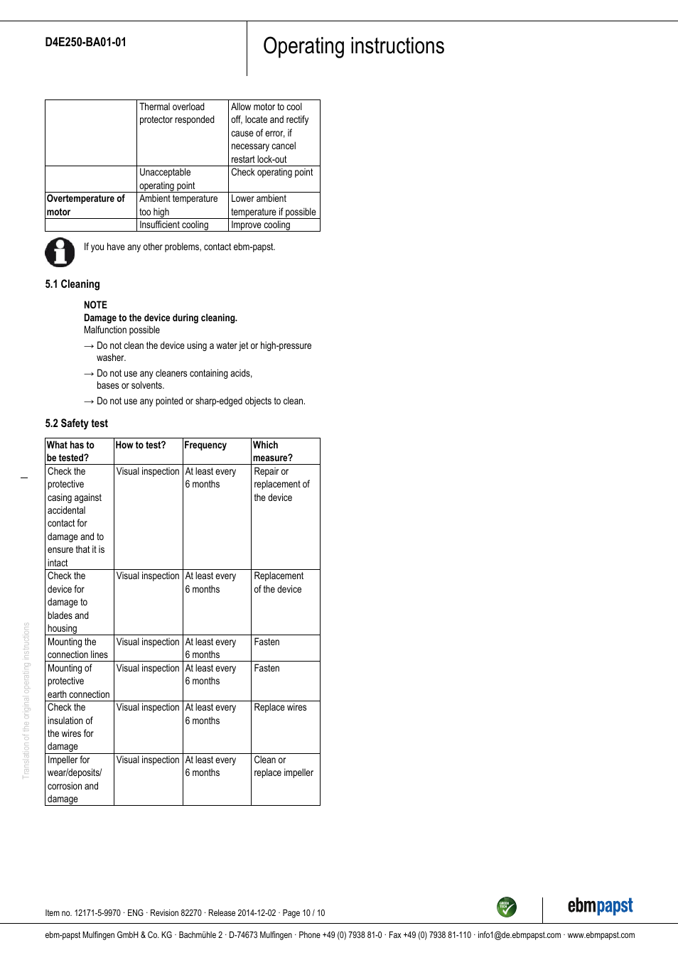 Operating instructions | ebm-papst D4E250-BA01-01 User Manual | Page 10 / 10