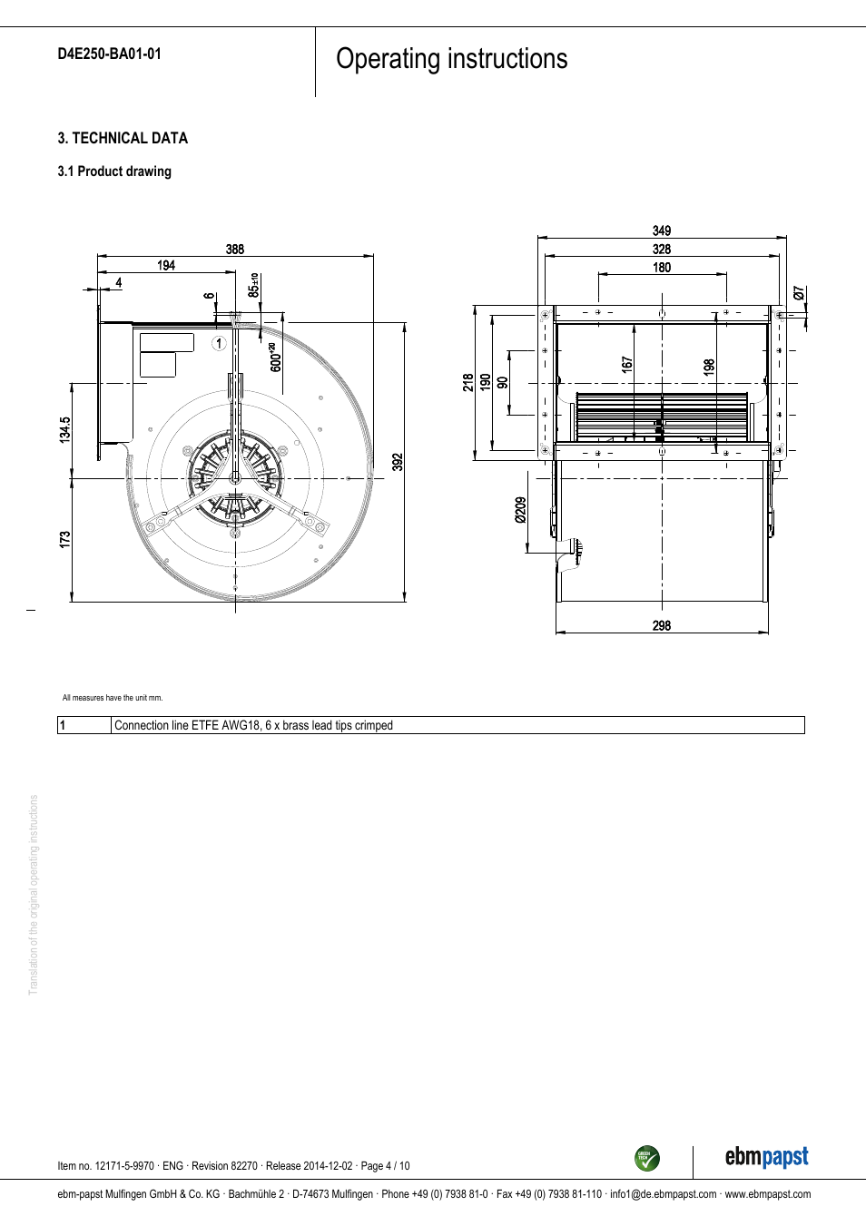 Operating instructions | ebm-papst D4E250-BA01-01 User Manual | Page 4 / 10