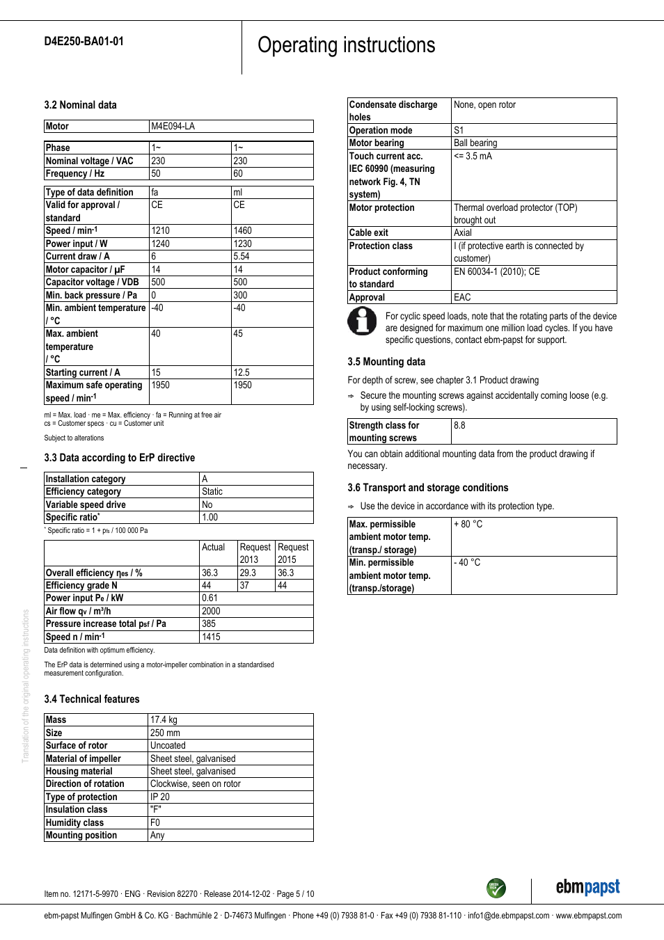 Operating instructions | ebm-papst D4E250-BA01-01 User Manual | Page 5 / 10