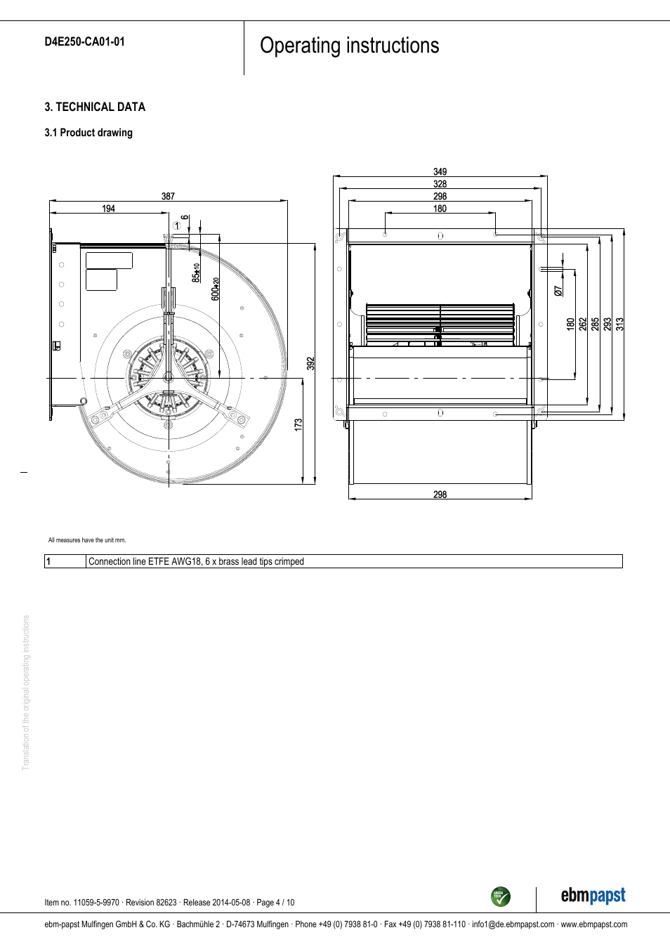 Operating instructions | ebm-papst D4E250-CA01-01 User Manual | Page 4 / 10