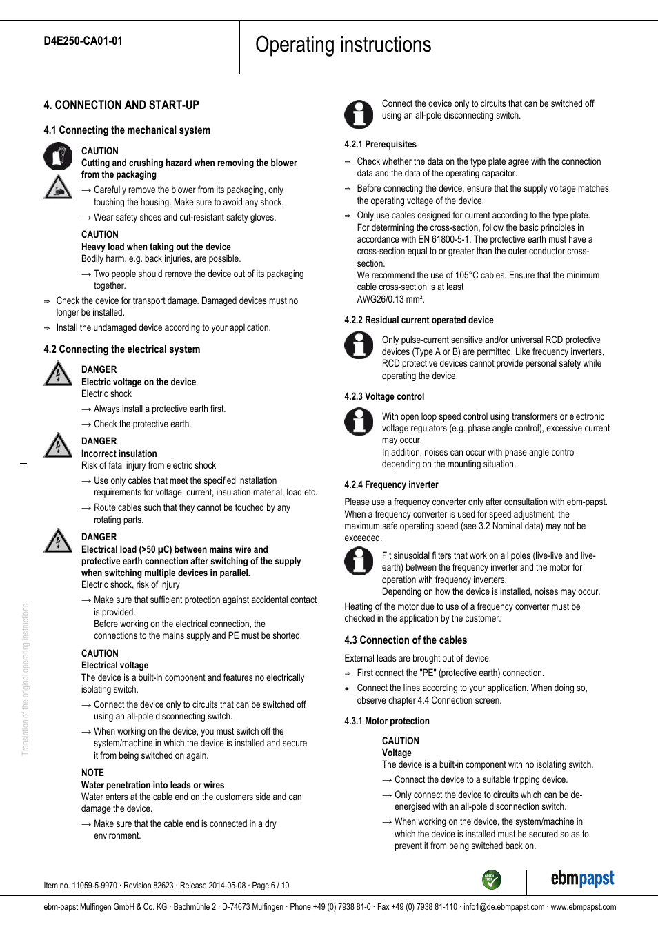 Operating instructions | ebm-papst D4E250-CA01-01 User Manual | Page 6 / 10