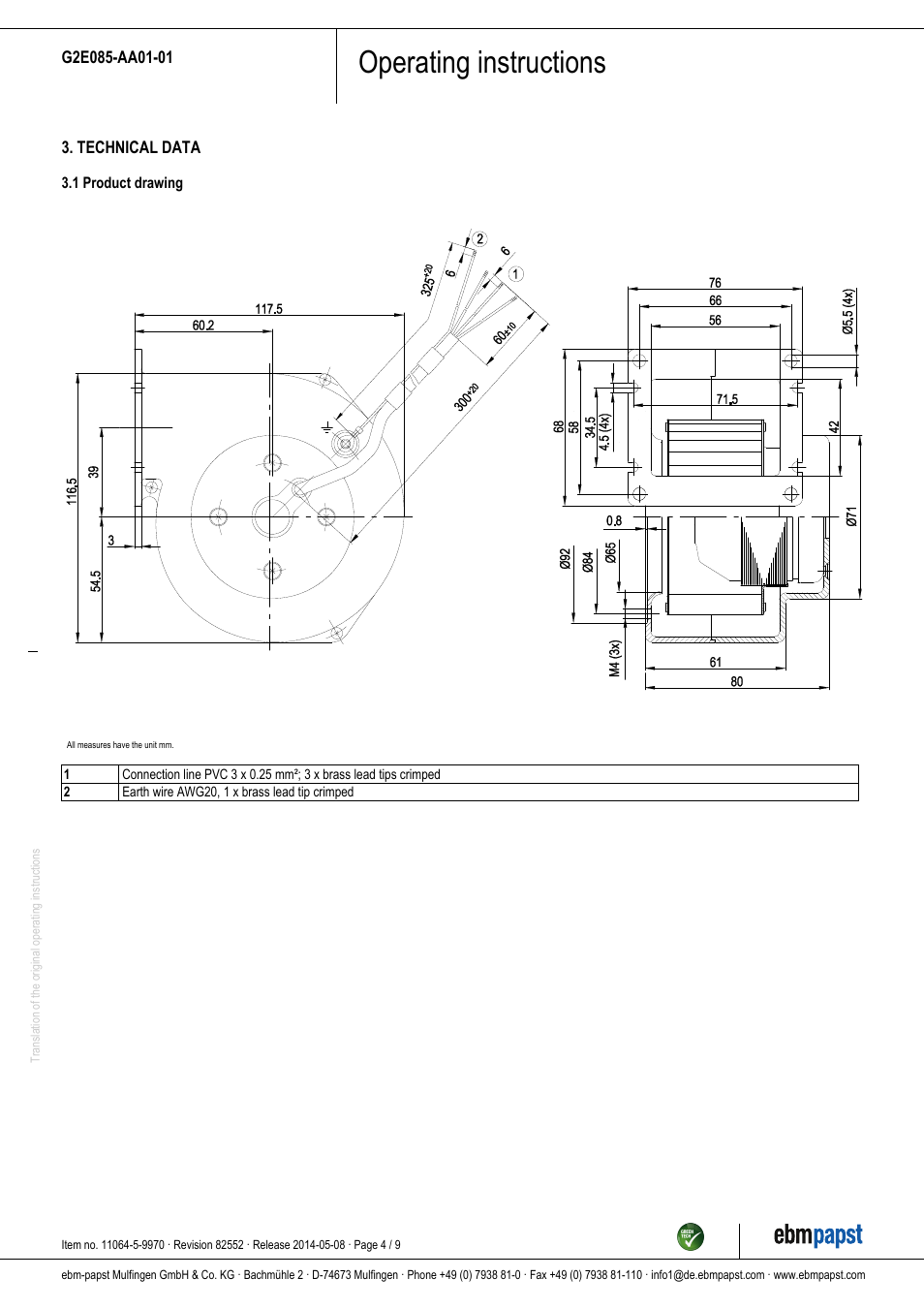 Operating instructions | ebm-papst G2E085-AA01-01 User Manual | Page 4 / 9
