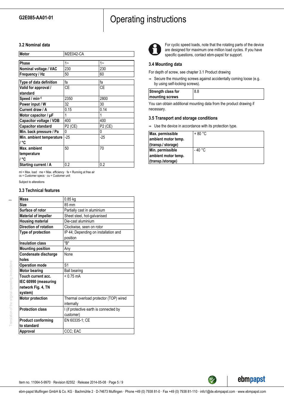 Operating instructions | ebm-papst G2E085-AA01-01 User Manual | Page 5 / 9