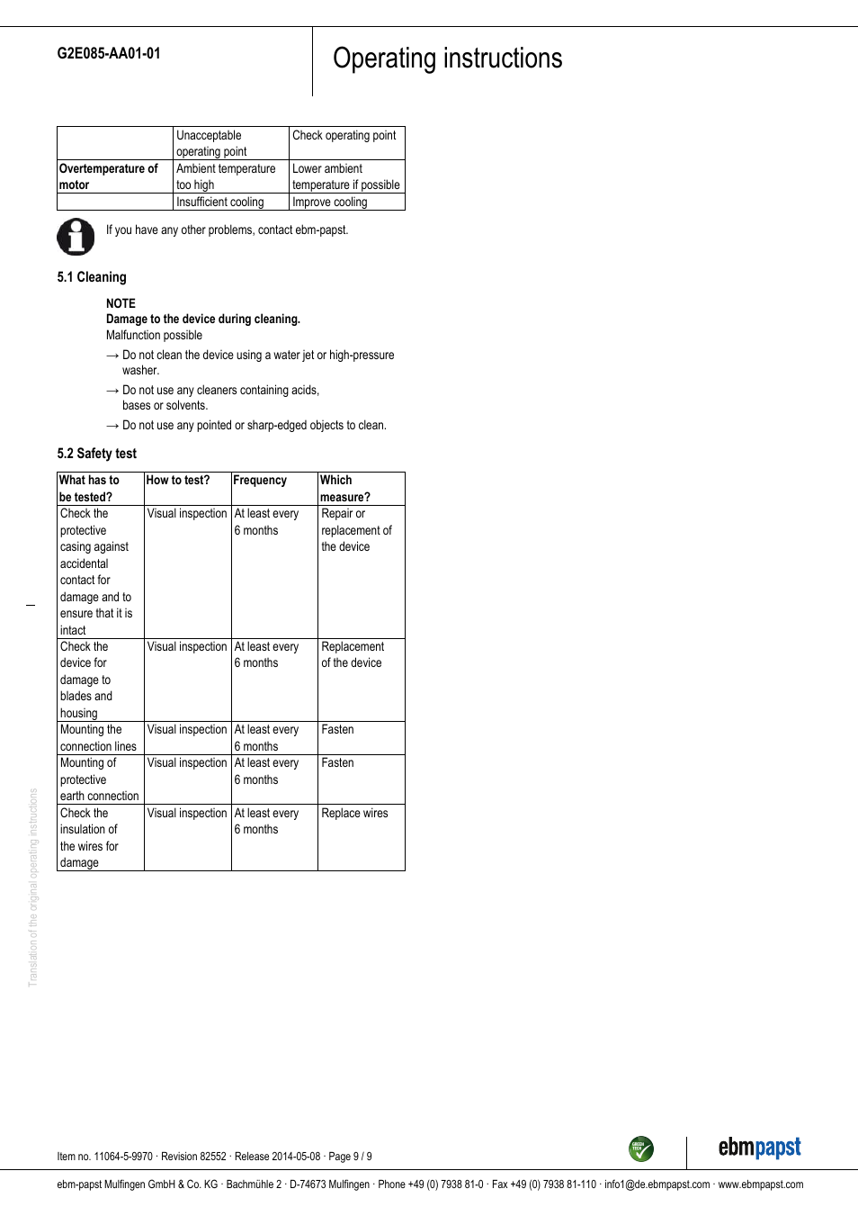 Operating instructions | ebm-papst G2E085-AA01-01 User Manual | Page 9 / 9