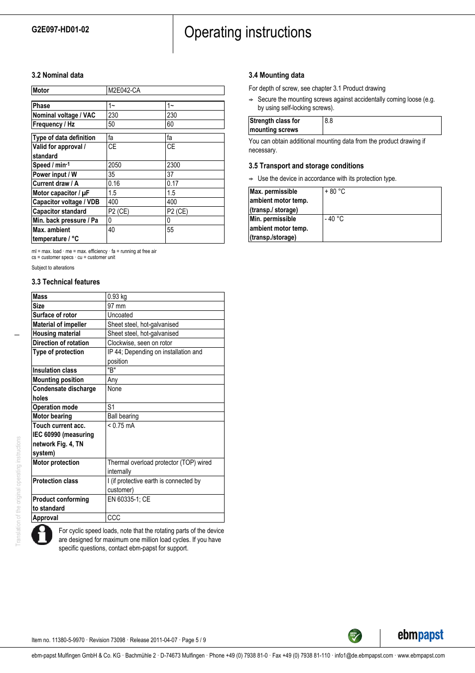Operating instructions | ebm-papst G2E097-HD01-02 User Manual | Page 5 / 9