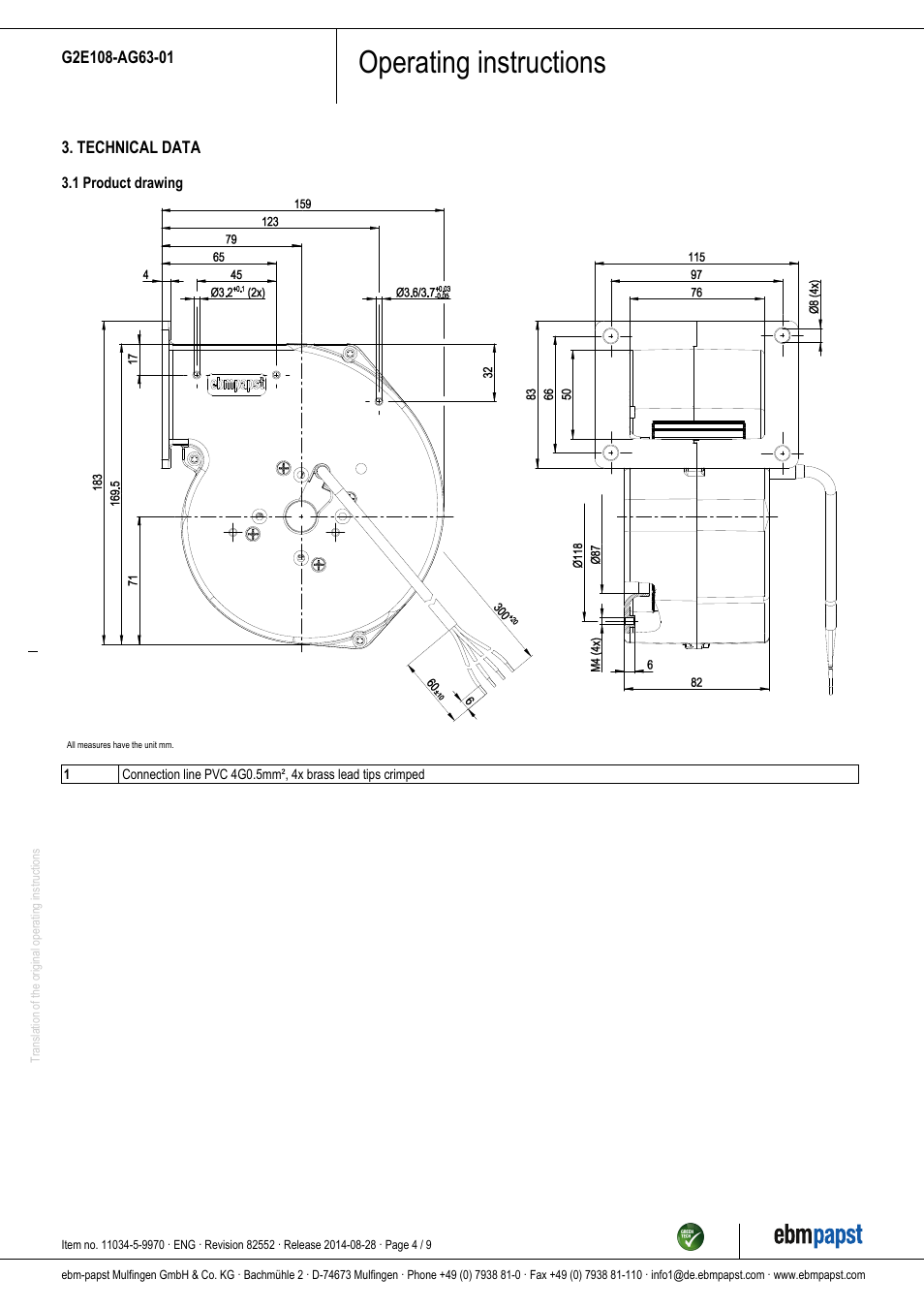 Operating instructions | ebm-papst G2E108-AG63-01 User Manual | Page 4 / 9