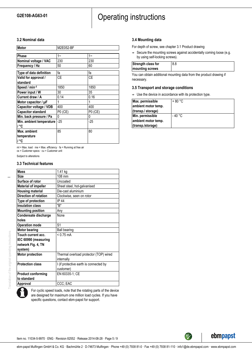 Operating instructions | ebm-papst G2E108-AG63-01 User Manual | Page 5 / 9