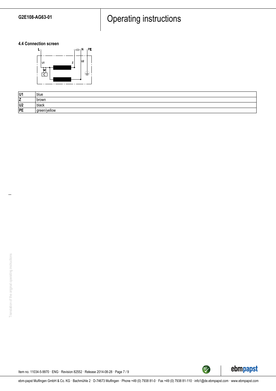 Operating instructions | ebm-papst G2E108-AG63-01 User Manual | Page 7 / 9