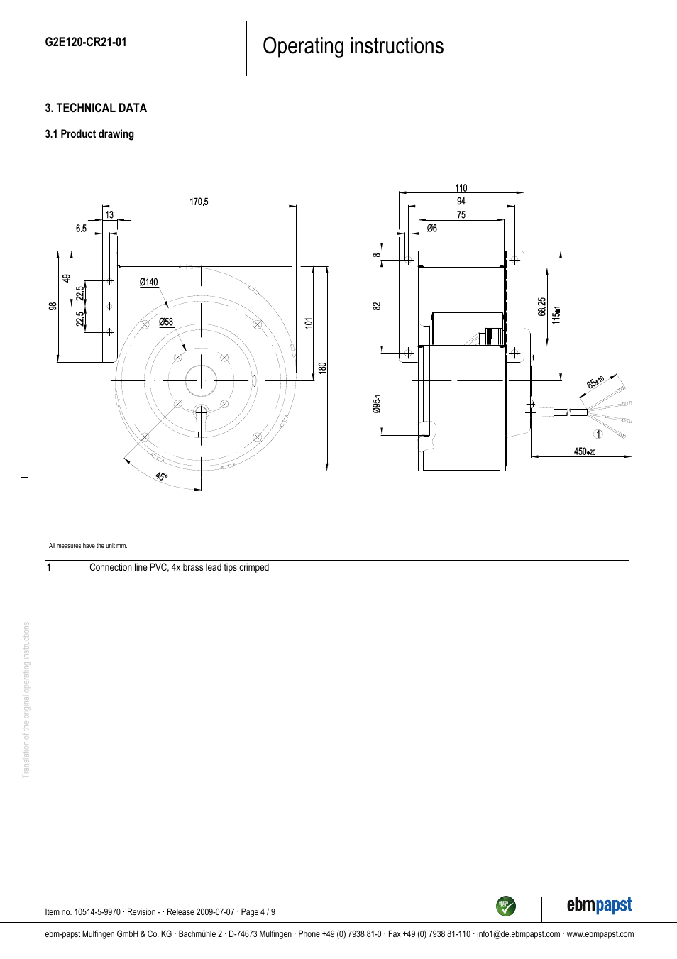 Operating instructions | ebm-papst G2E120-CR21-01 User Manual | Page 4 / 9