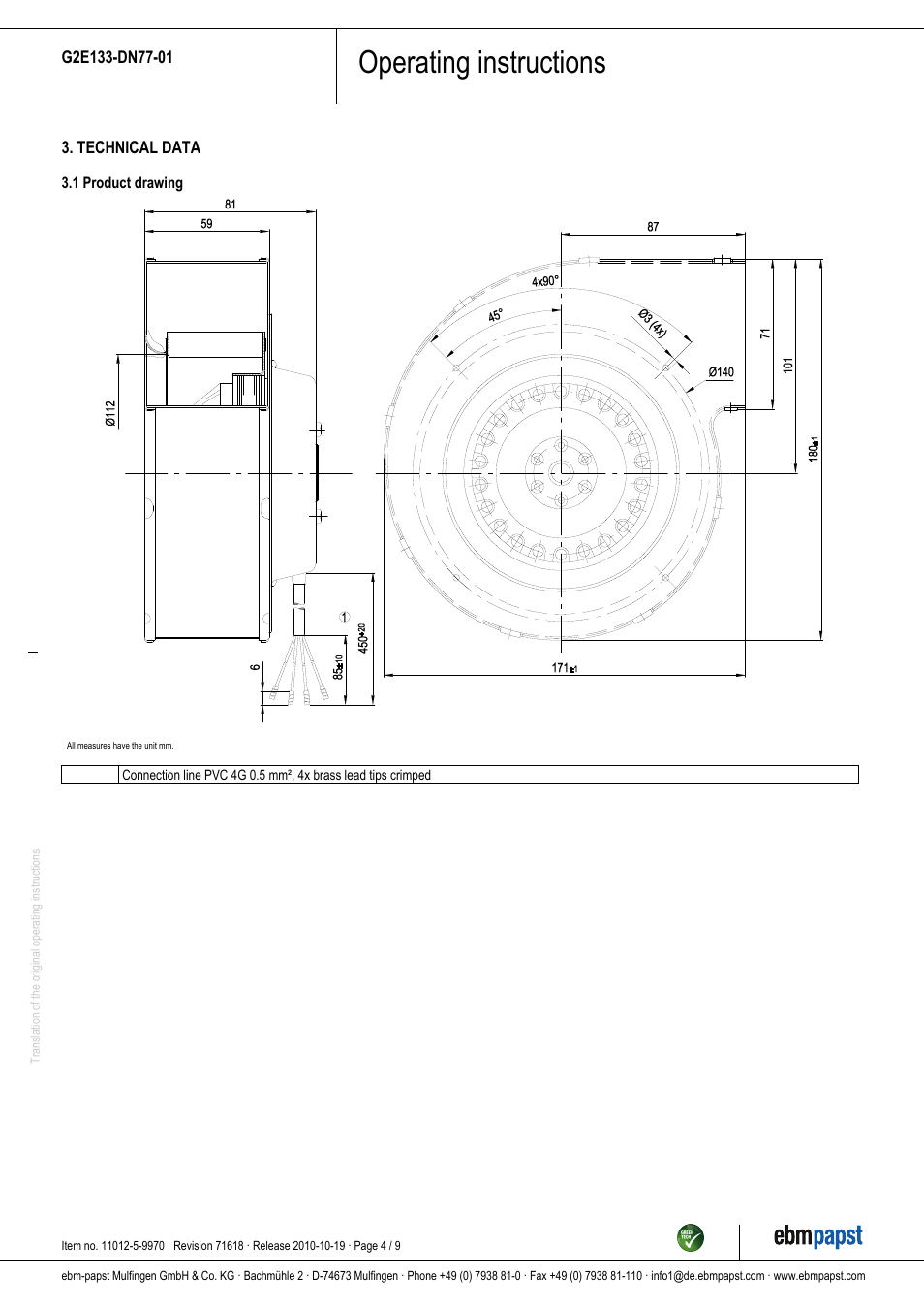 Operating instructions | ebm-papst G2E133-DN77-01 User Manual | Page 4 / 9