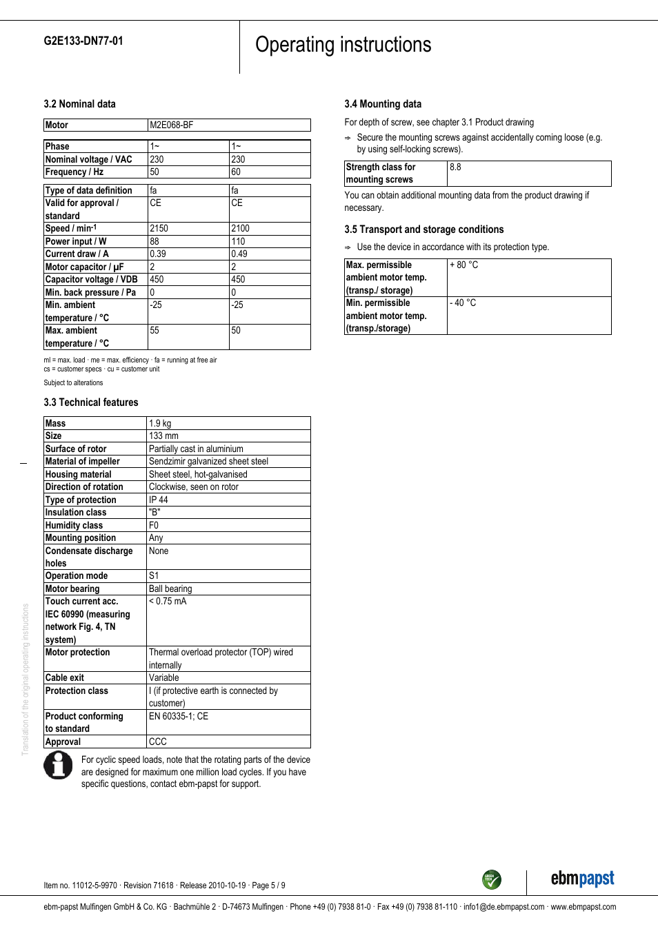 Operating instructions | ebm-papst G2E133-DN77-01 User Manual | Page 5 / 9