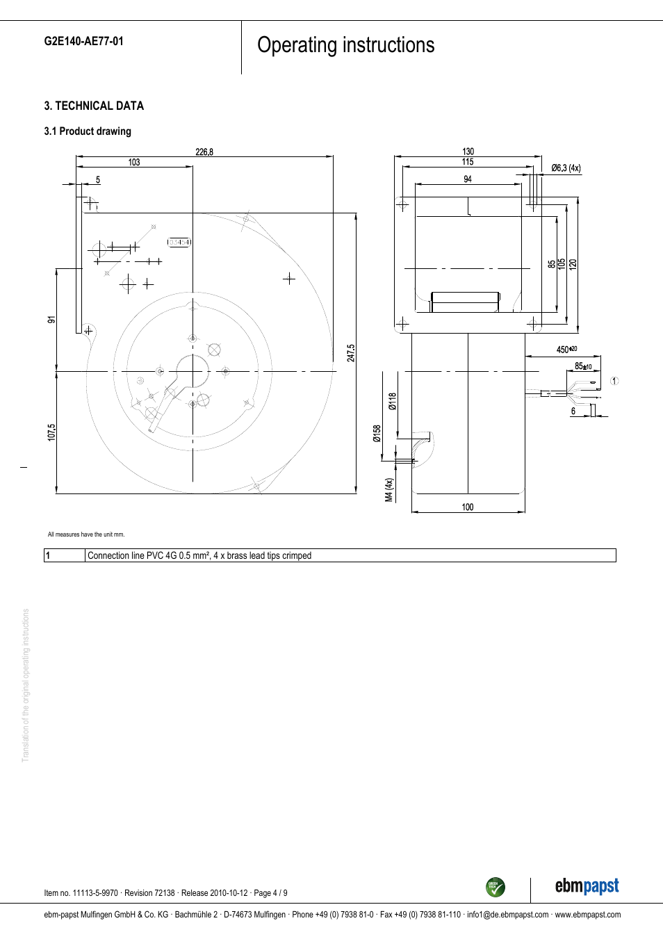 Operating instructions | ebm-papst G2E140-AE77-01 User Manual | Page 4 / 9
