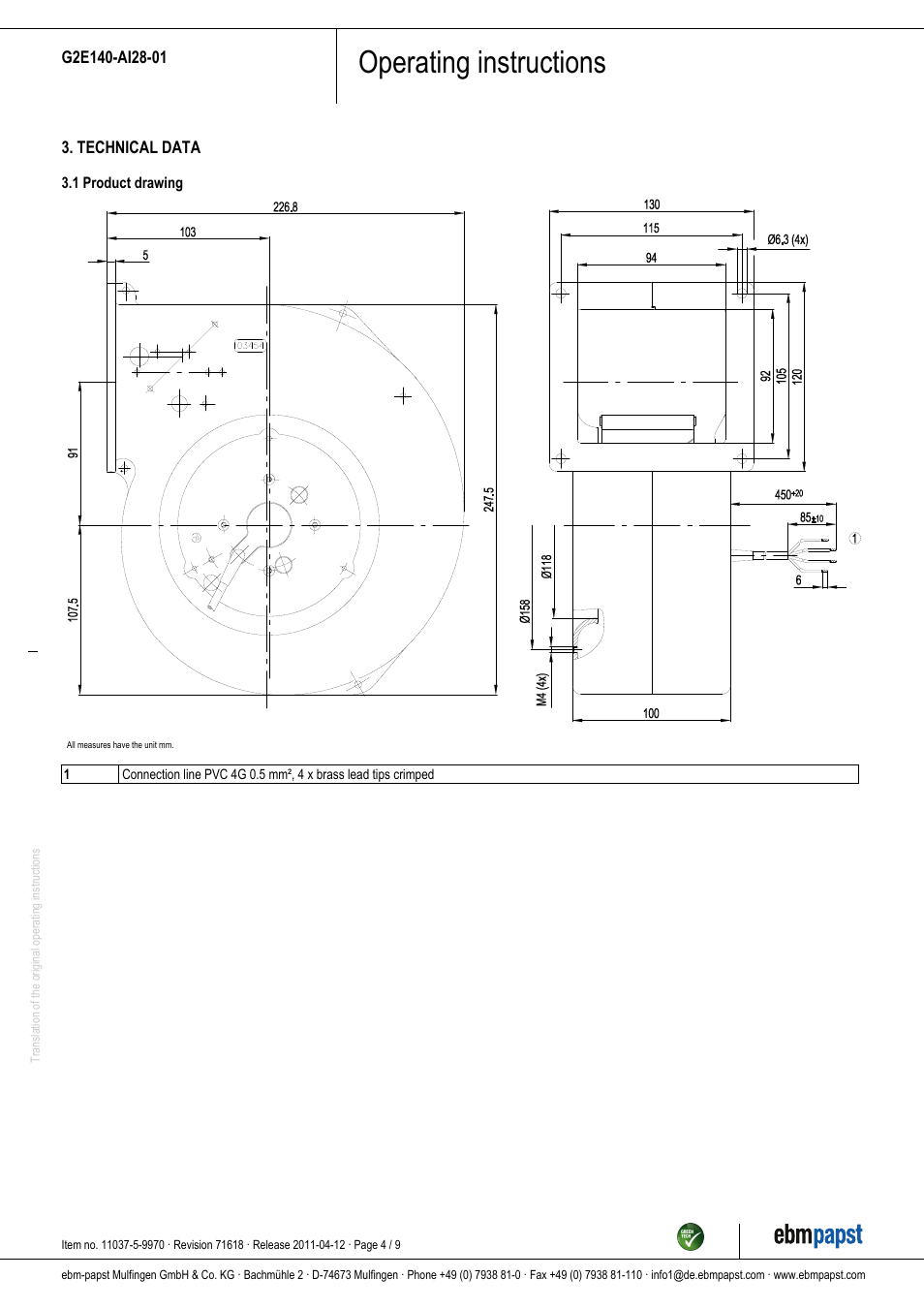 Operating instructions | ebm-papst G2E140-AI28-01 User Manual | Page 4 / 9