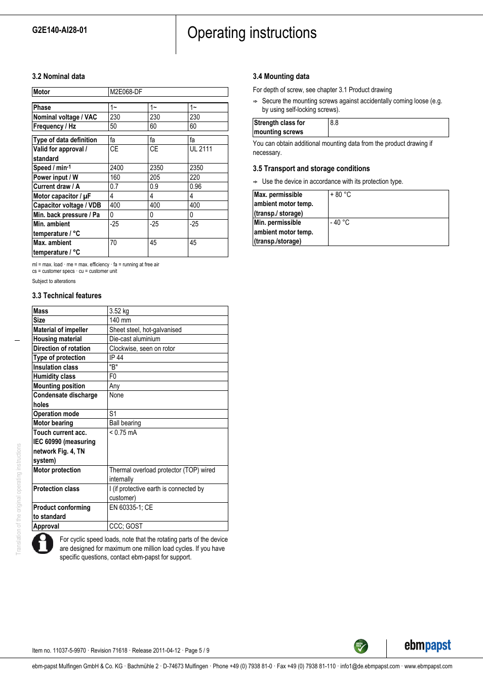 Operating instructions | ebm-papst G2E140-AI28-01 User Manual | Page 5 / 9